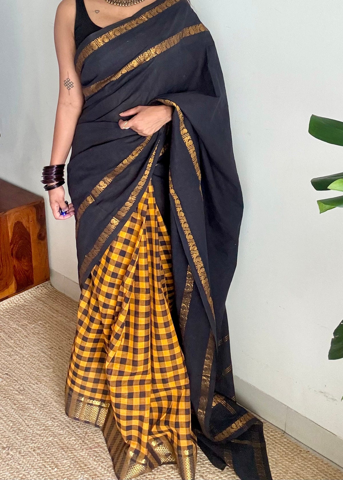 Black with yellow and black checks, sungudi and chettinad cotton half-half saree - YCCOTNIDOC30