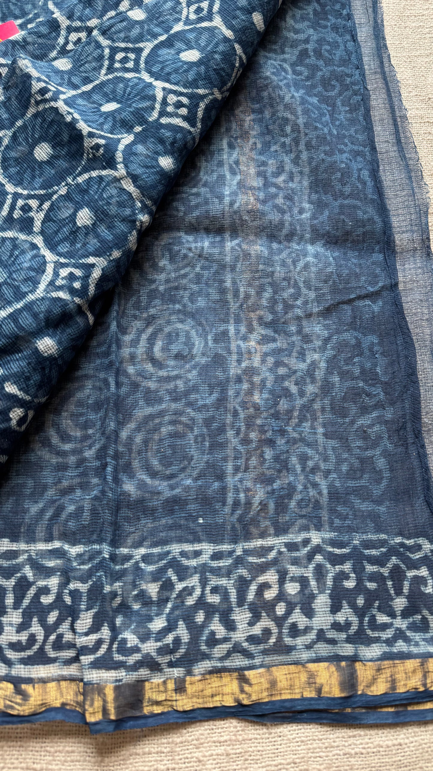 Neel Full Volume - indigo floral kota doria saree, with gold zari border - YCTORKDAP06