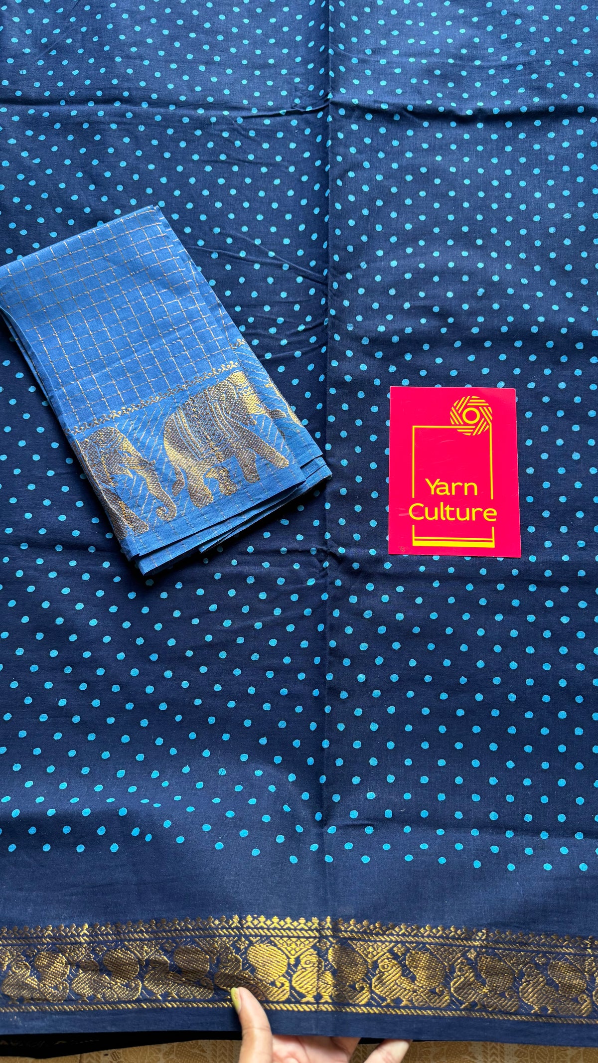Dark blue sungudi dotted, single-side border, kattuchayam dyed madurai cotton saree - YCCOTNMSSE08