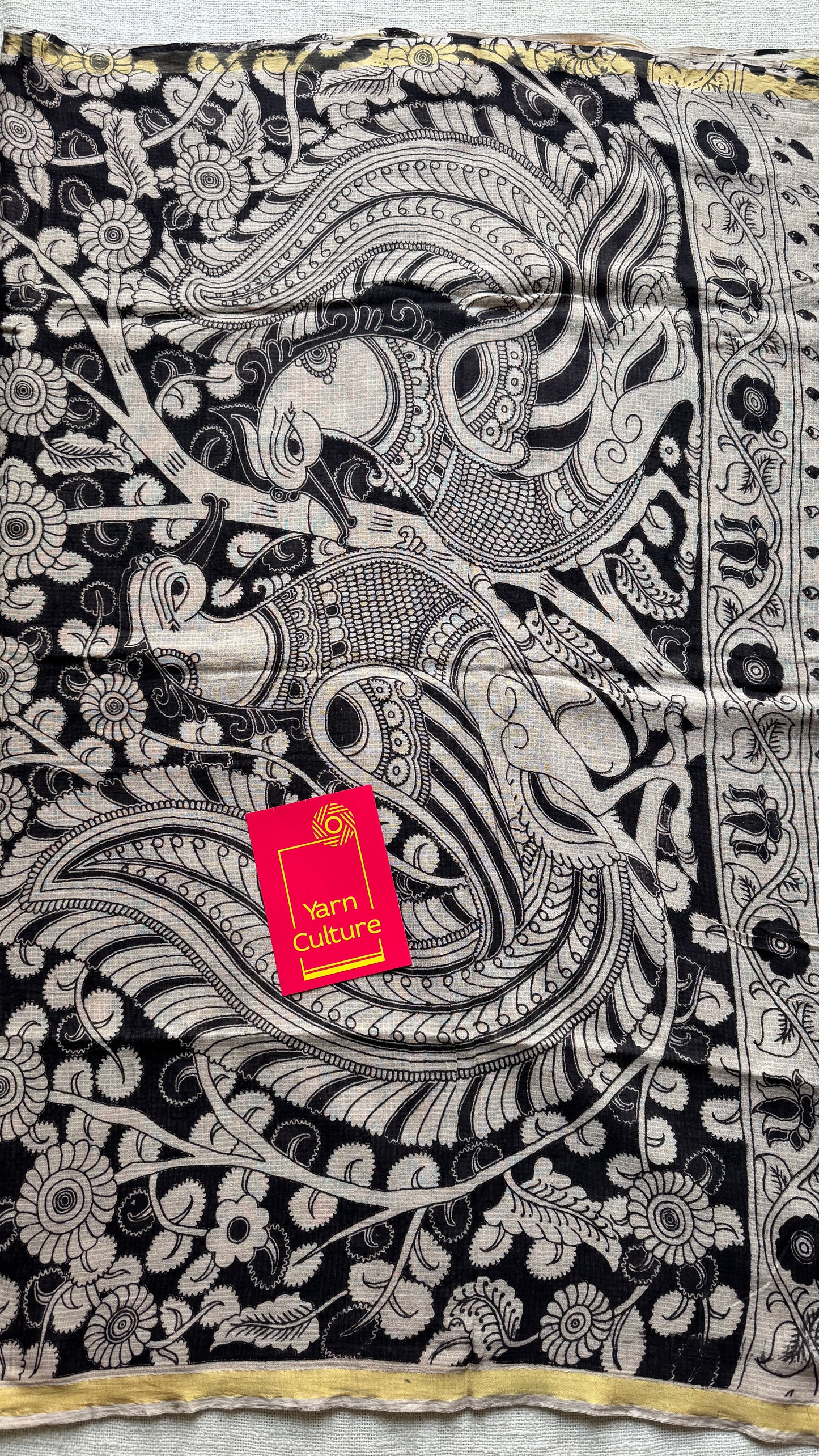 Black cream floral kalamkari saree in kota, with zari border - YCWOTDKKFE19