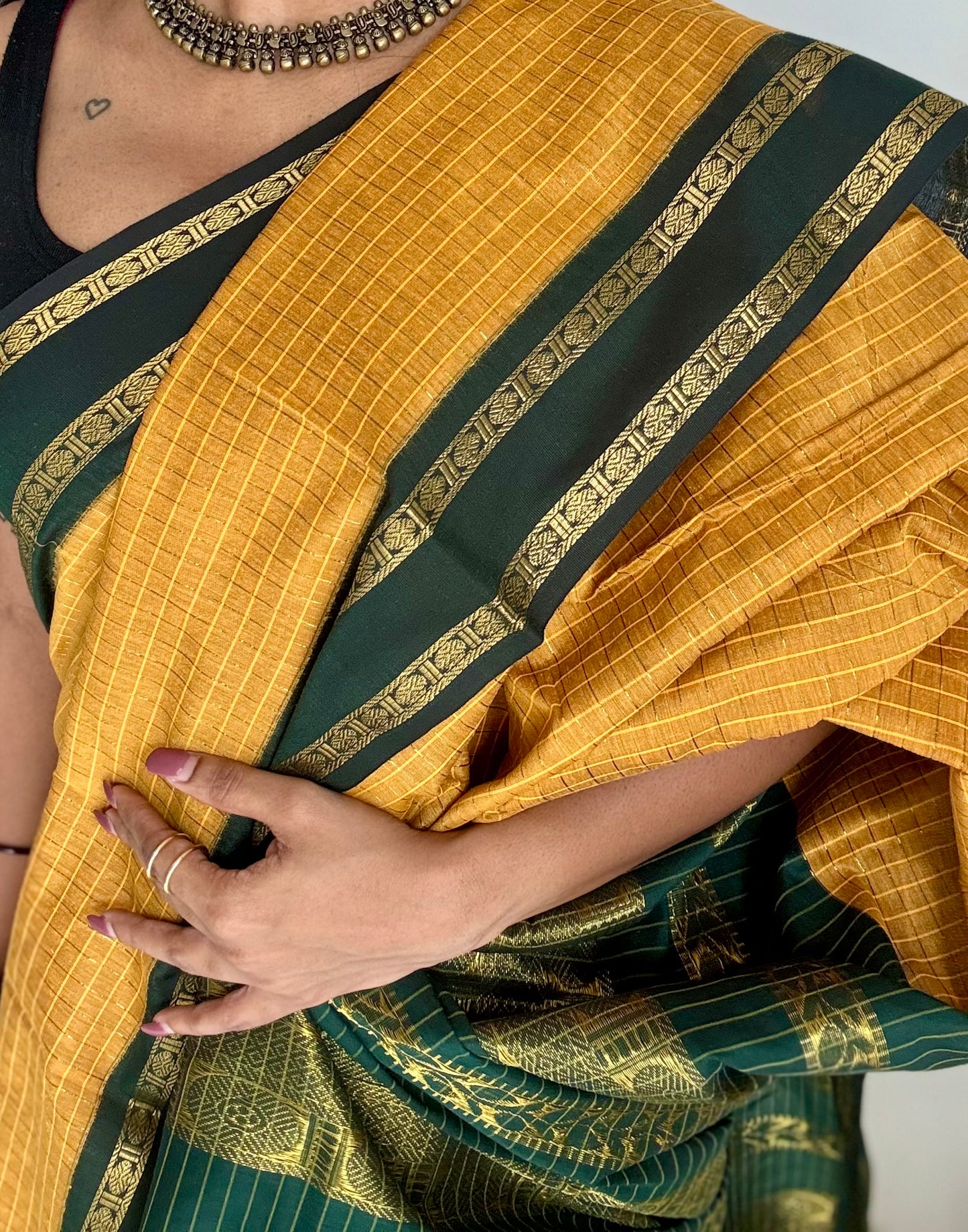 Mustard yellow with dark green contrast arani checkered saree, cotton silk - YCCOTNAUG12