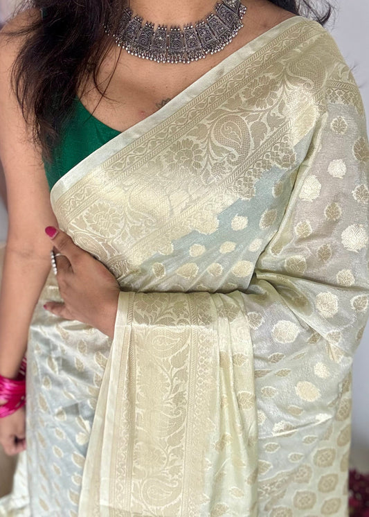 Pastel cream, muted gold buttas and zari, Banarasi semi-silk - YCDESE33