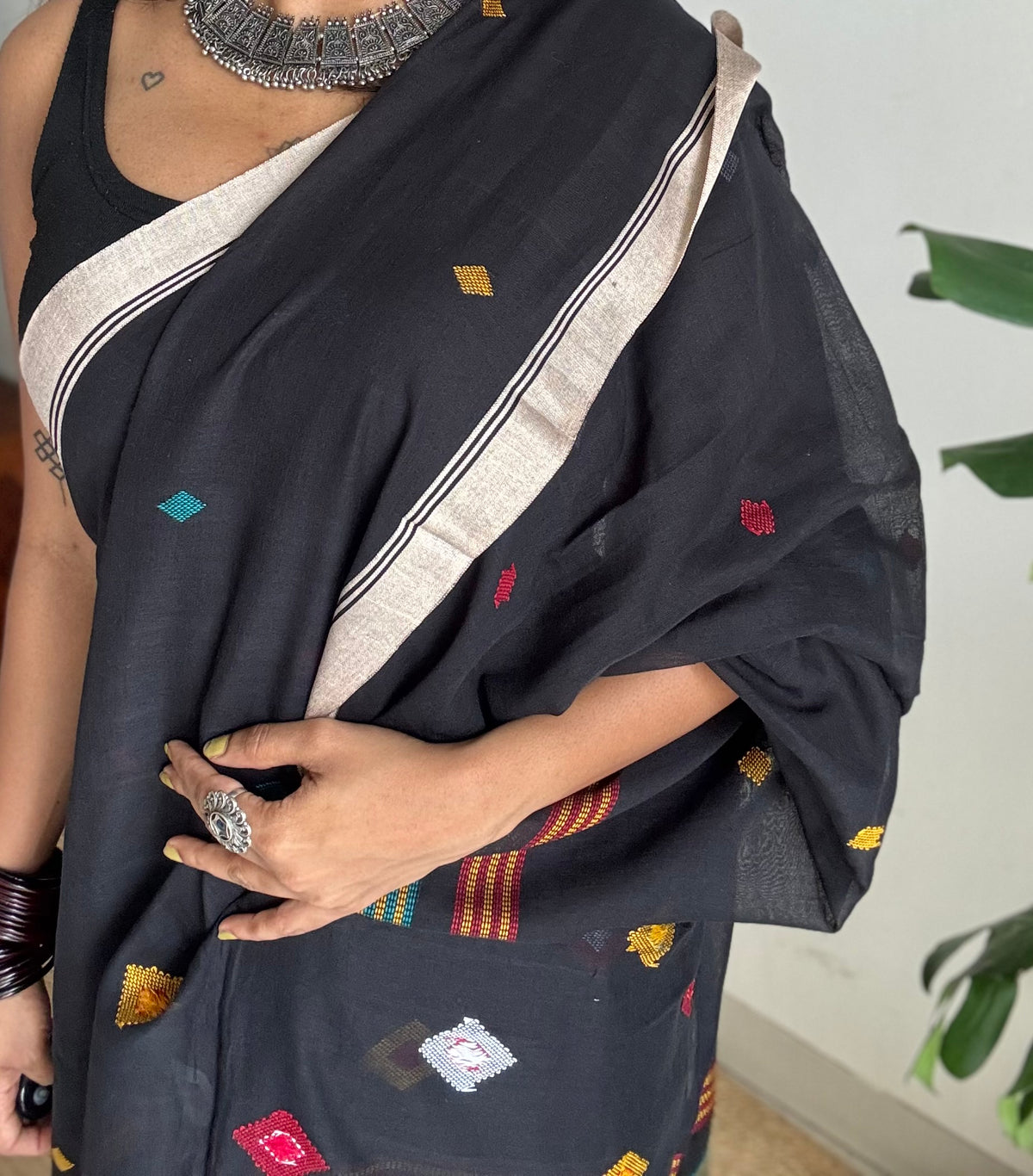 Handloom Bengal soft cotton saree, black with woven buttas and beige borders - YCBCMCSE37