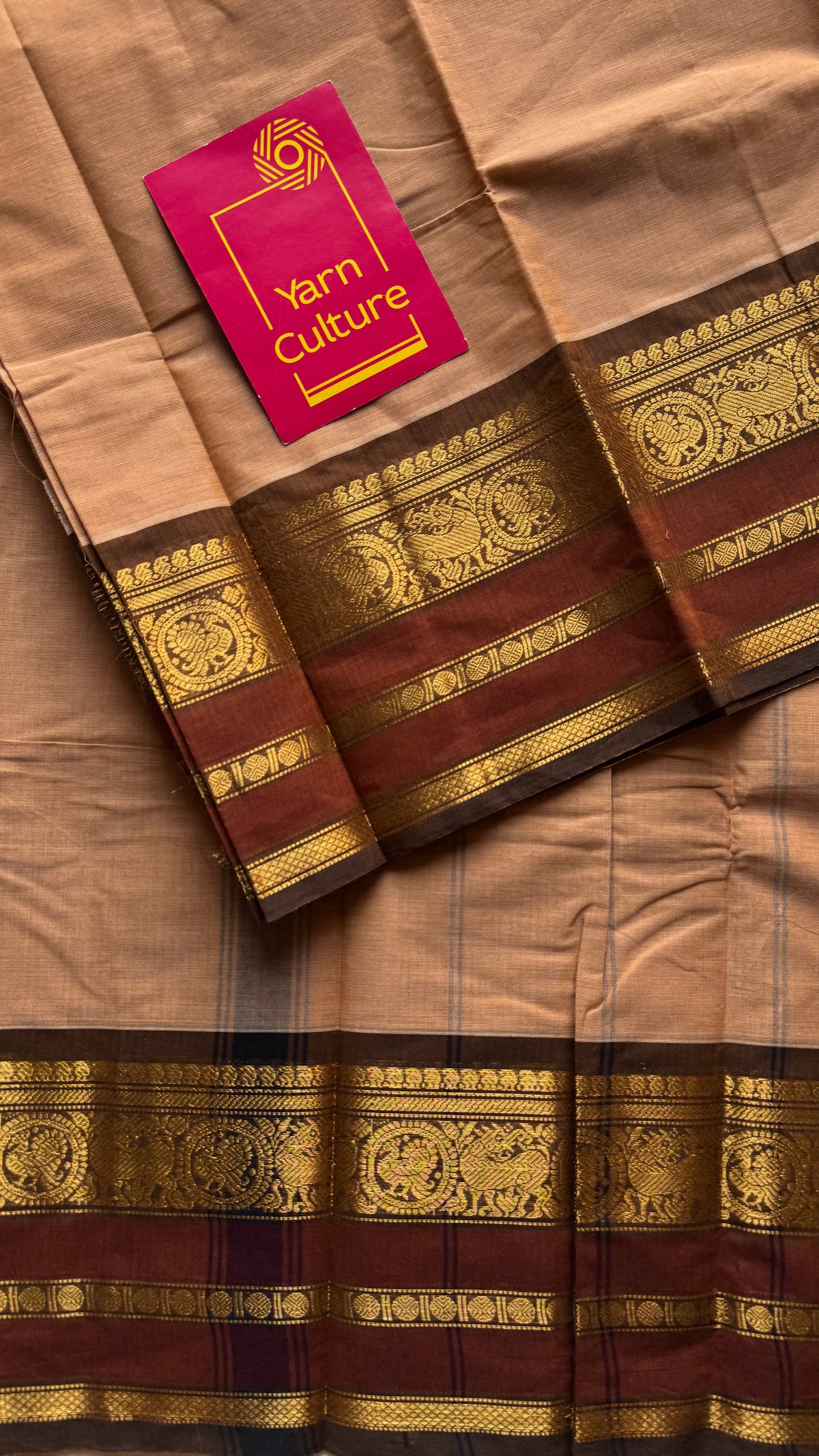 Sandal with brown gap zari border, chettinad cotton saree - YCCOTNCCOC120