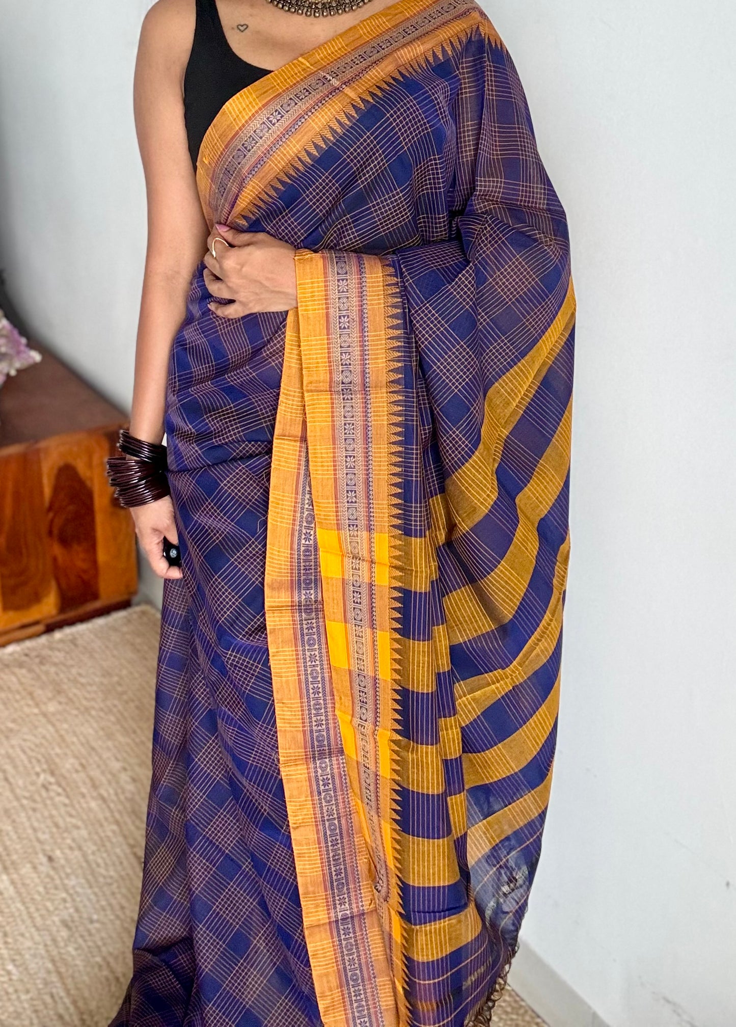 Dark blue checks with yellow border, handloom, soft cotton - YCLOKC219