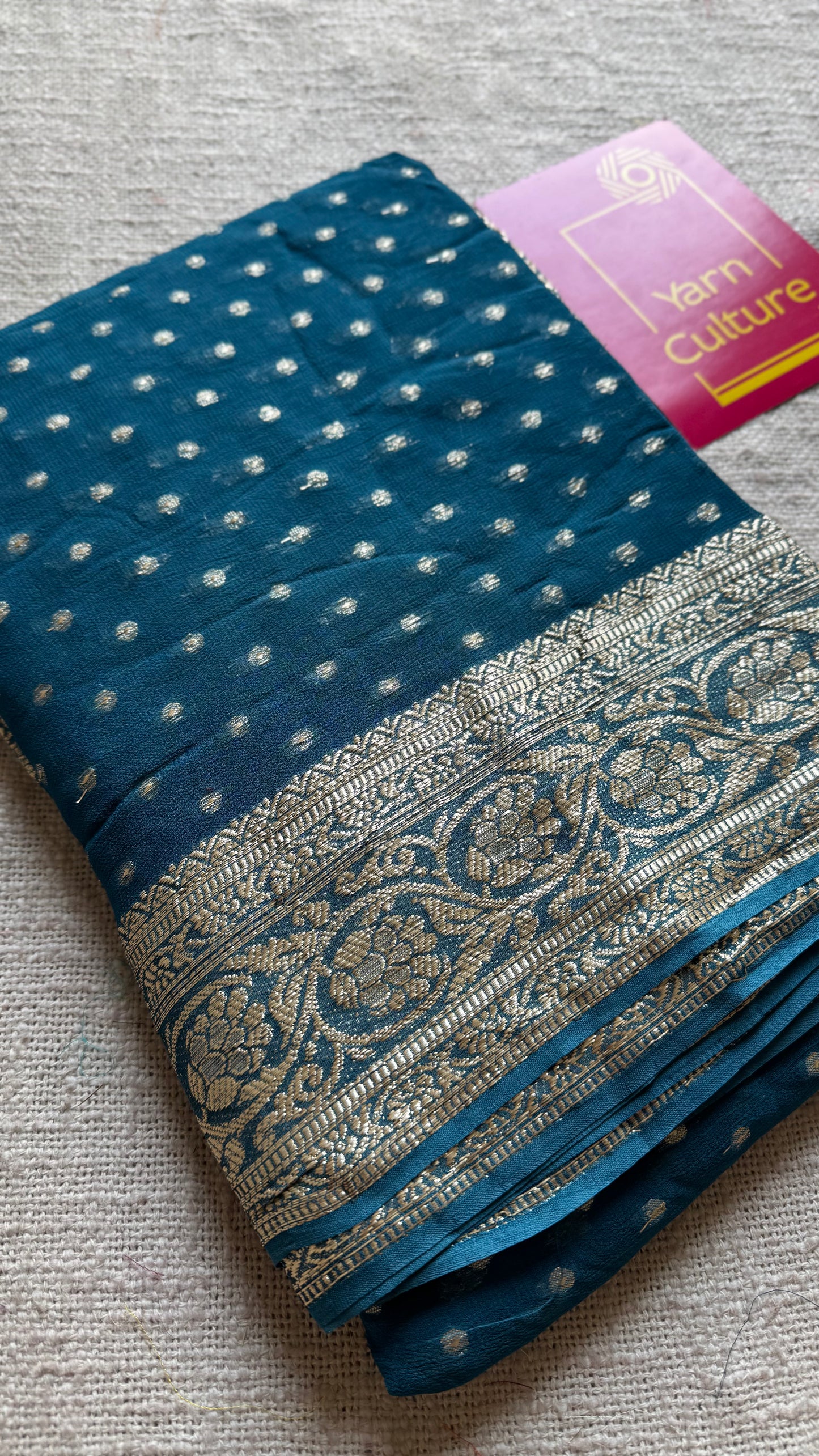 Peacock blue viscose georgette saree with zari motifs - YCDOSFE209