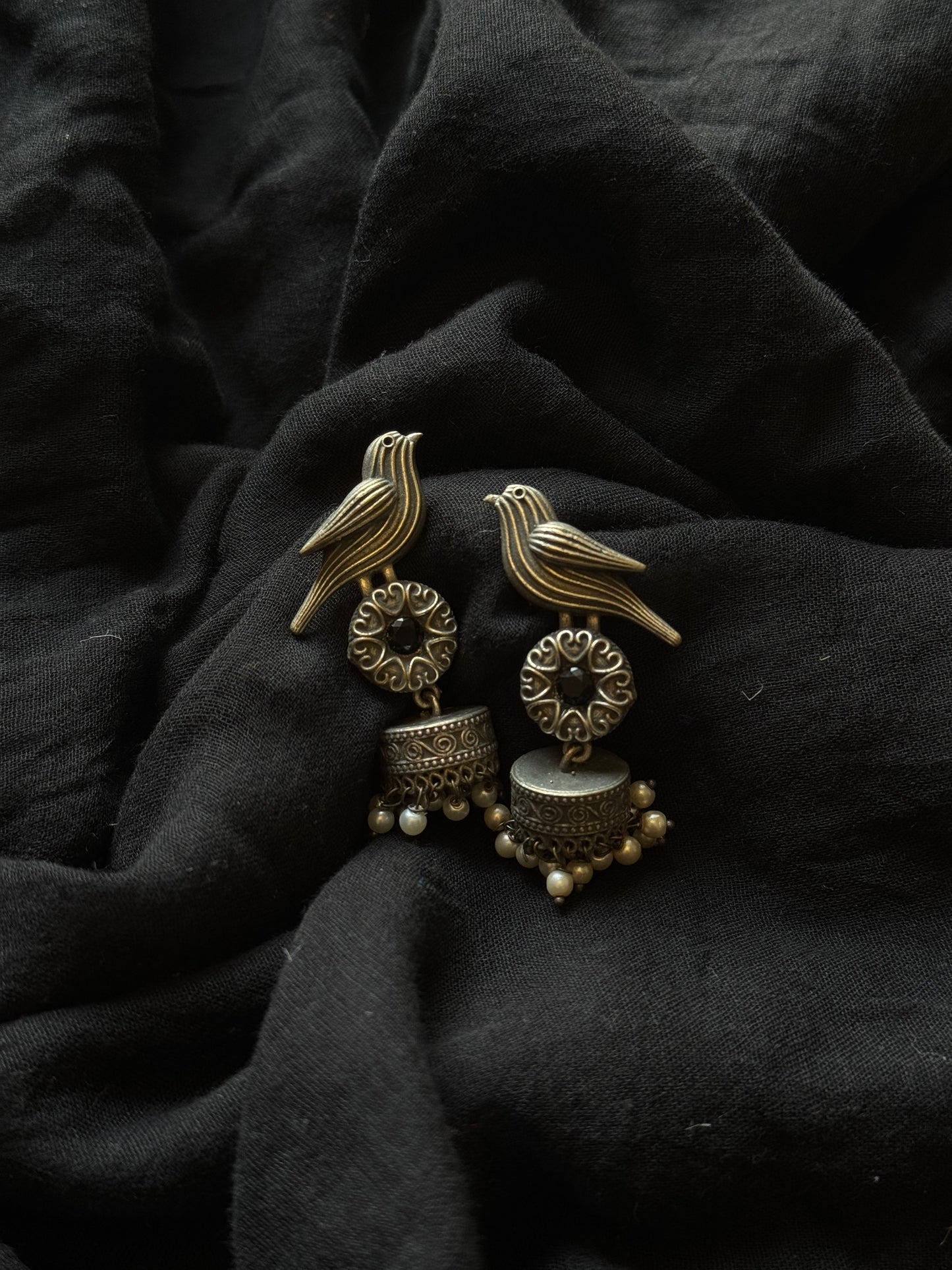 Bird Jhumka, black stone, black polished oxidised silver - YCOSEJ448