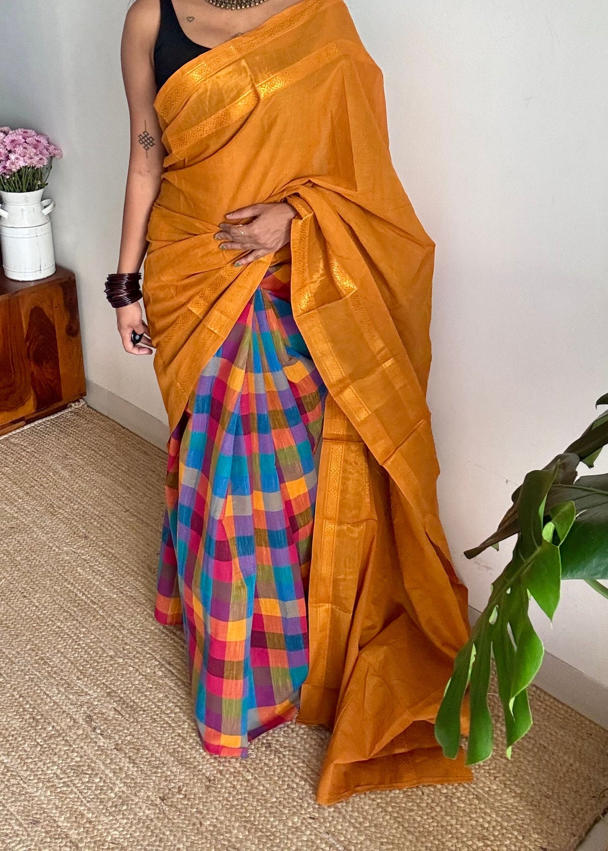 Turmeric yellow with multicoloured madras checks, cotton half and half saree - YCCOTNIDOC161