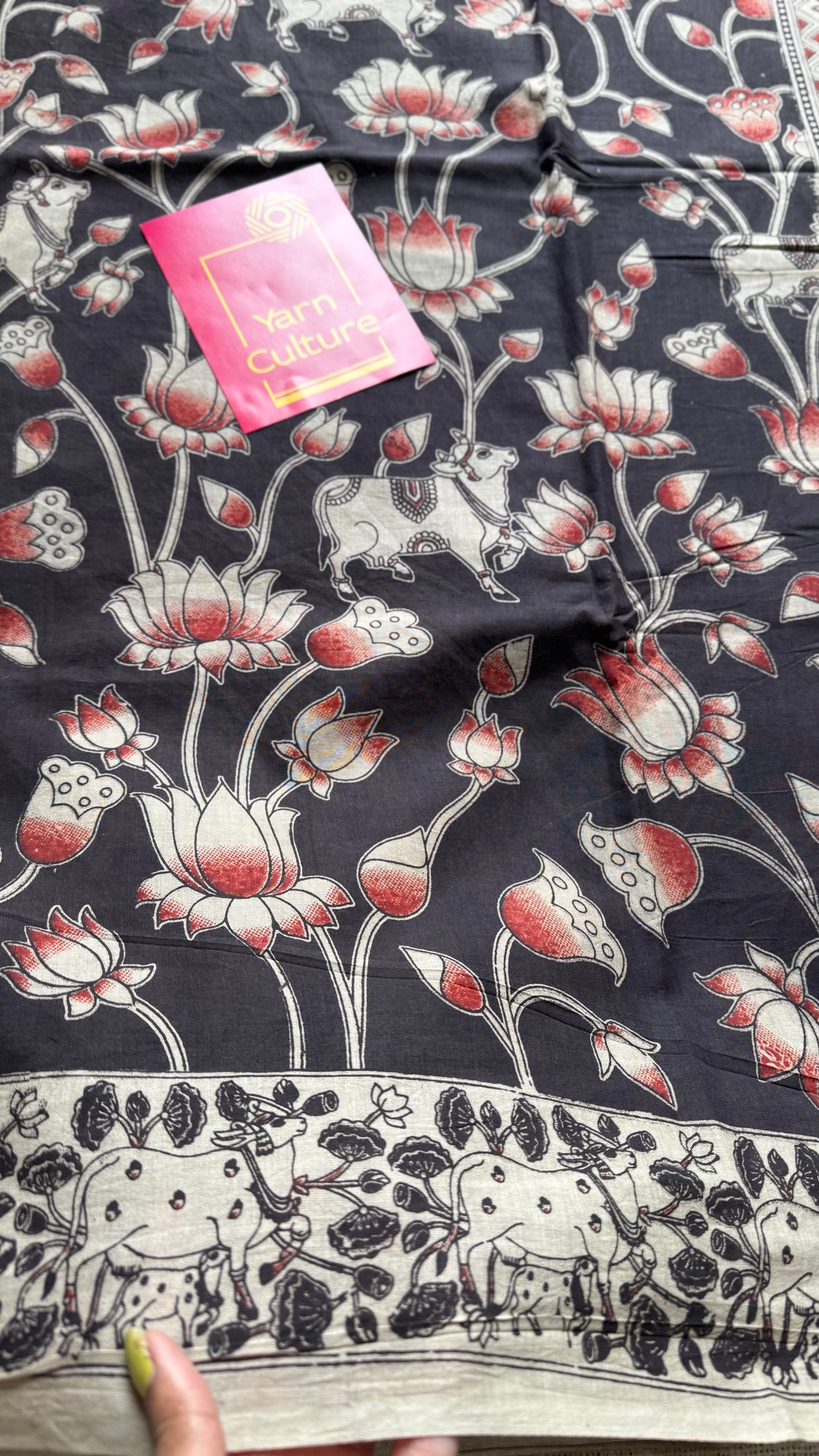 Black with brick red pichwai motif kalamkari, soft cotton - YCWOTDOCMP87