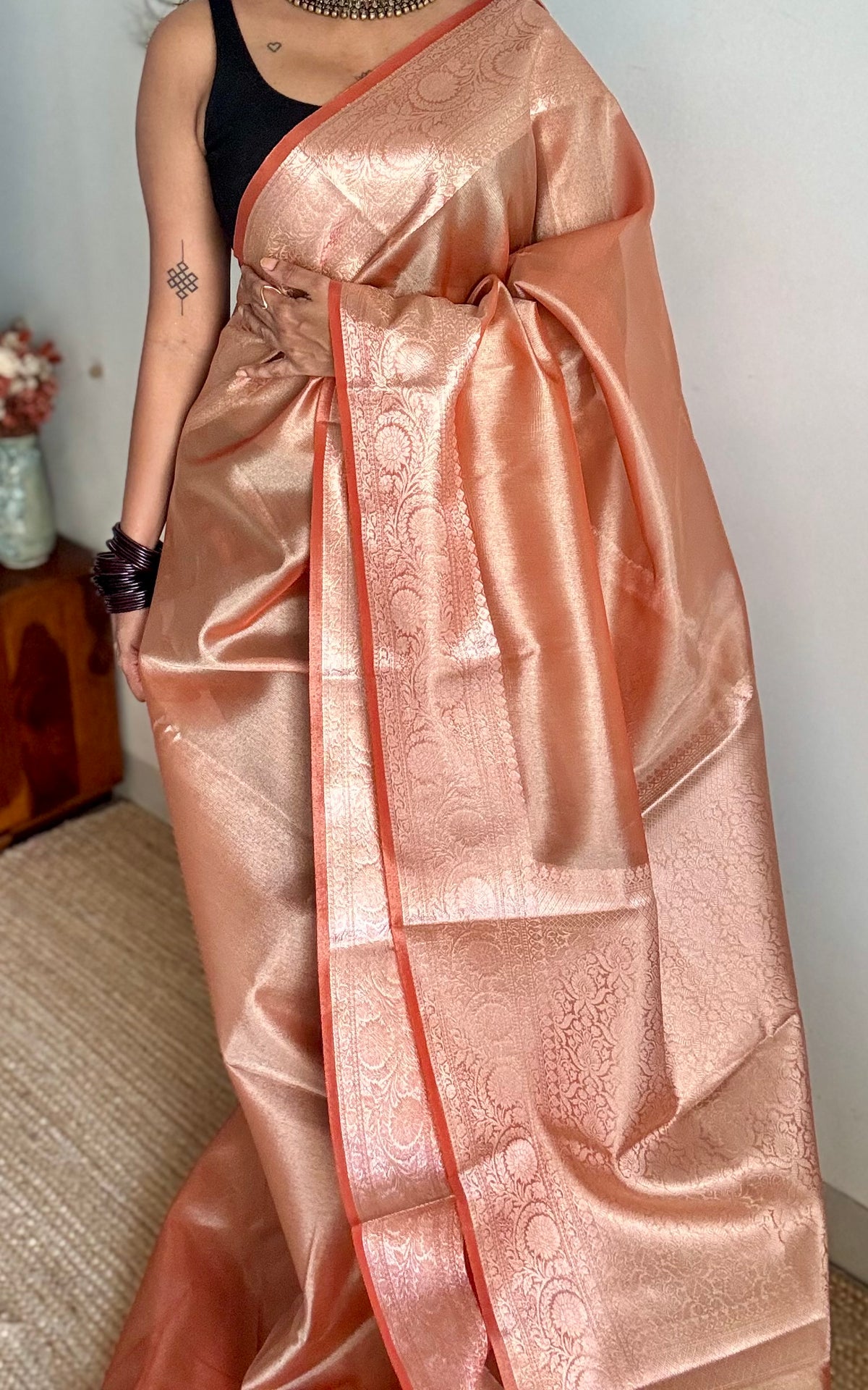 Orange tissue Banarasi saree with zari border - YCBLTOC87