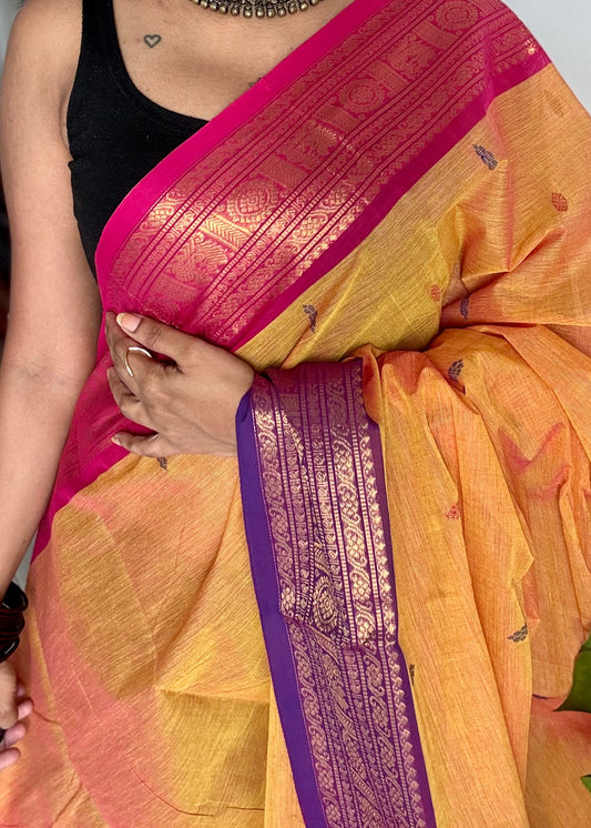 Light orange with hot pink and purple contrast, kanchi cotton saree - YCCOTNMA325