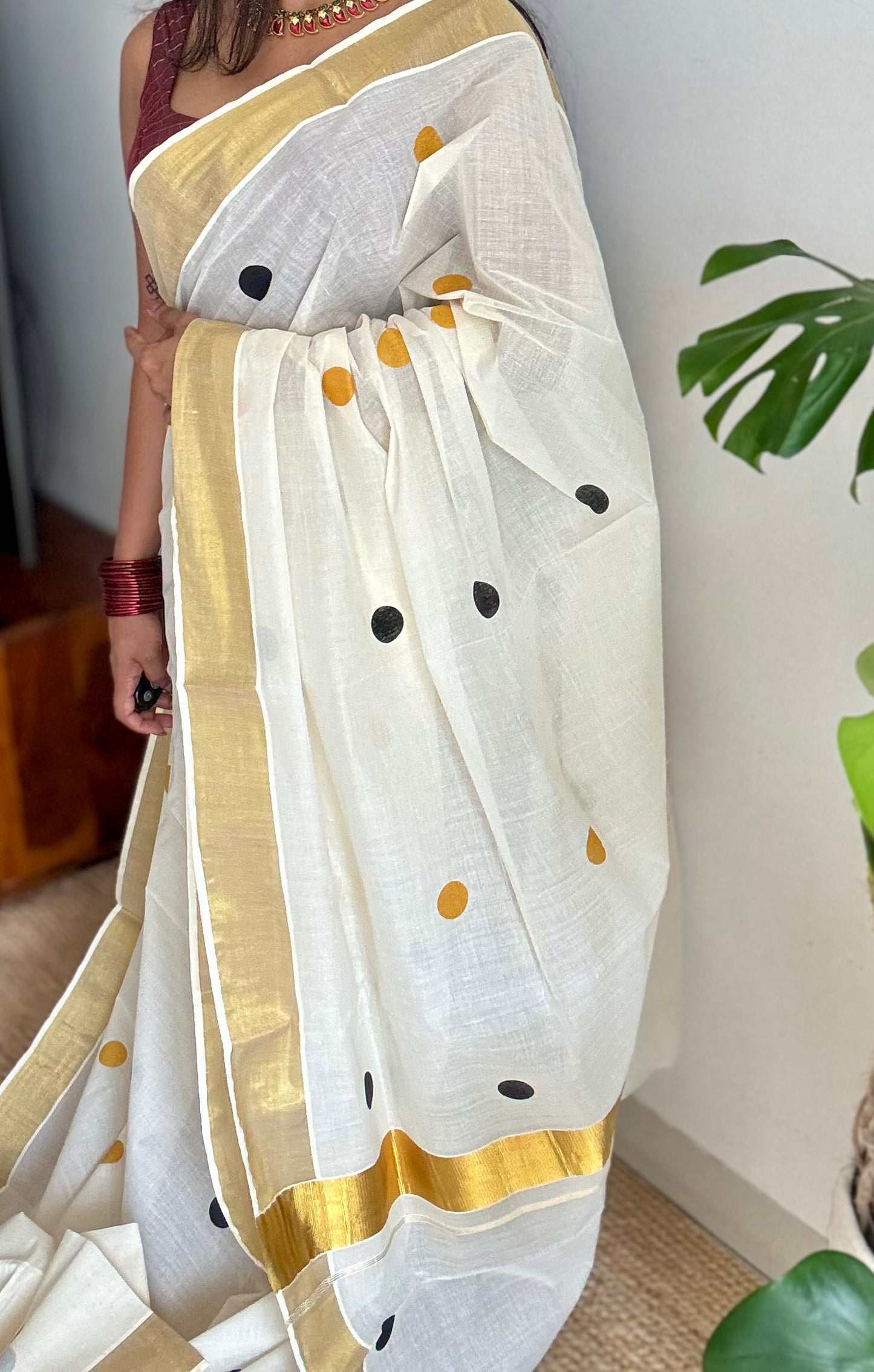 Ivory and gold soft cotton kasavu saree, black and yellow polka - YCIEON72