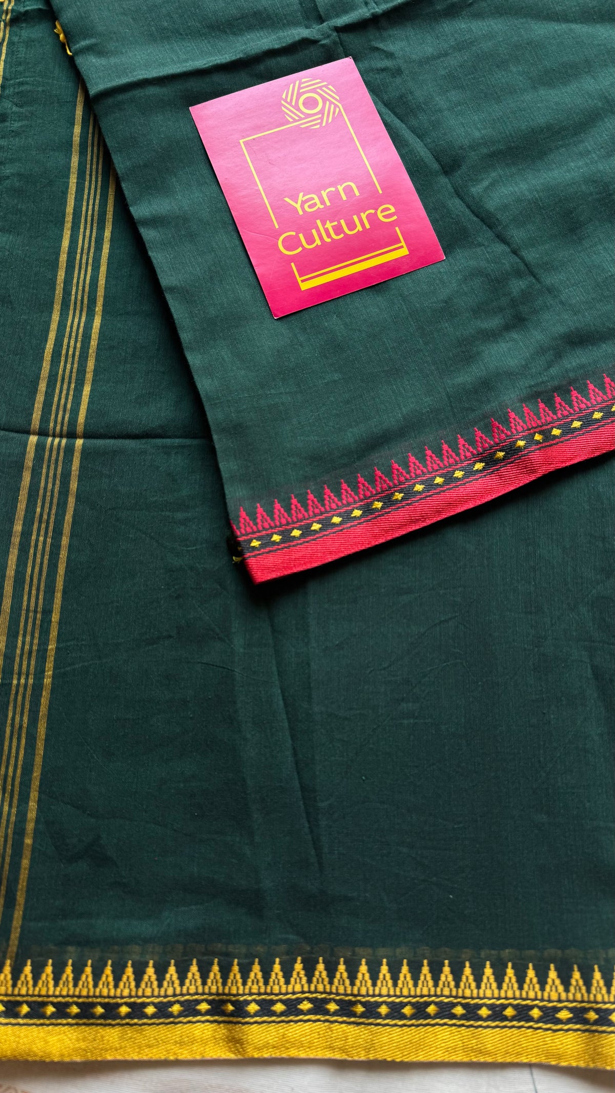 Handloom Bengal soft cotton saree, dark green with yellow and red woven dual tone borders - YCBCMCSE41