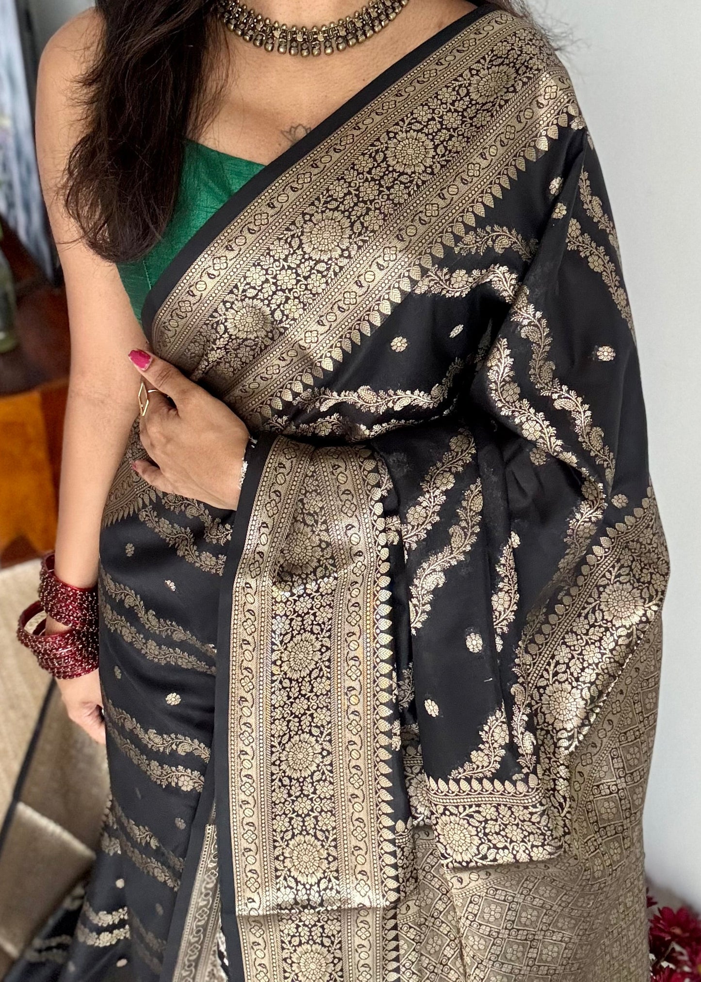 Black floral zari, Banarasi semi-georgette - YCDESE14