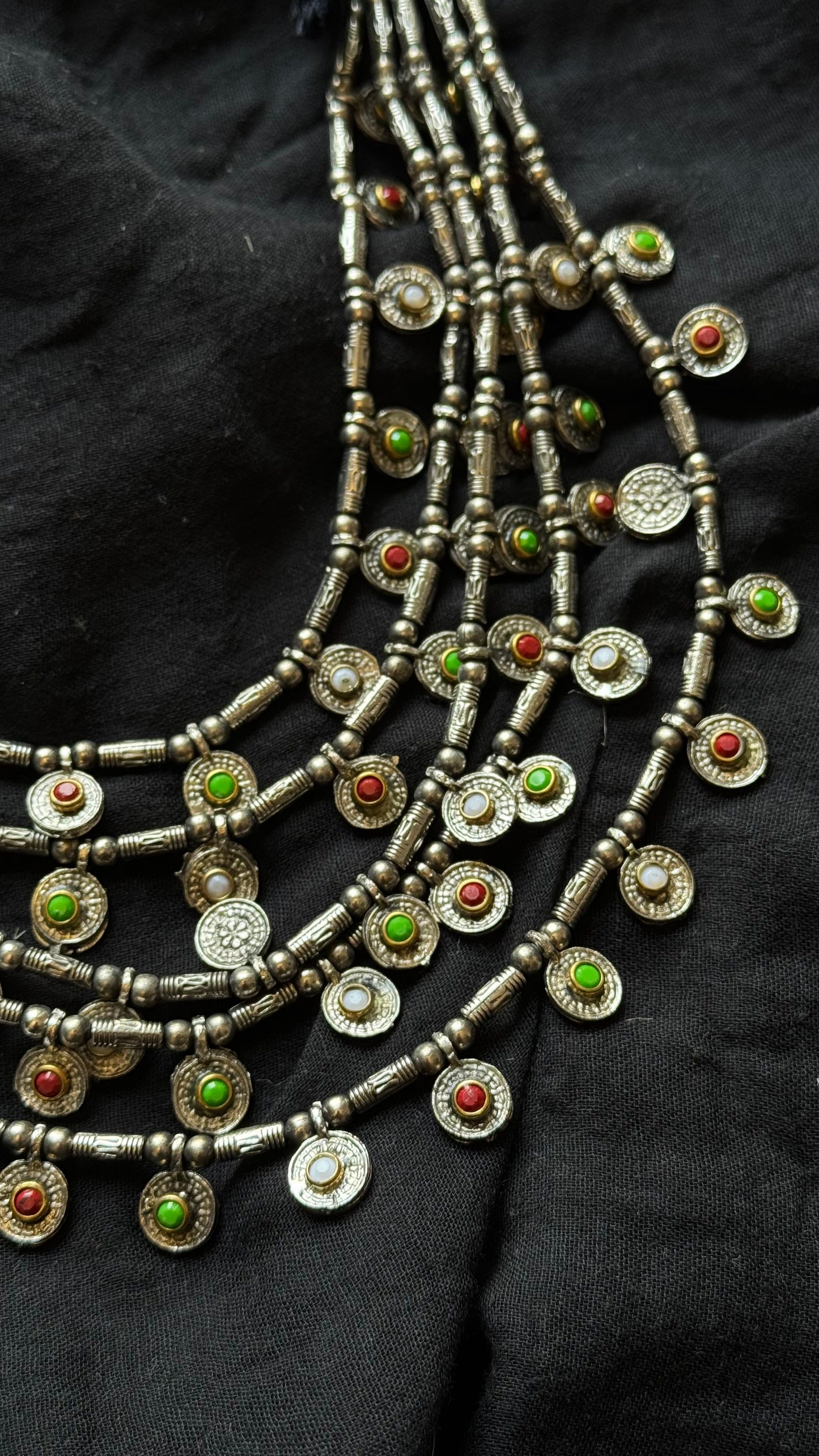 Multilayered coin necklace with coloured stones, oxidised silver - YCOSNP447