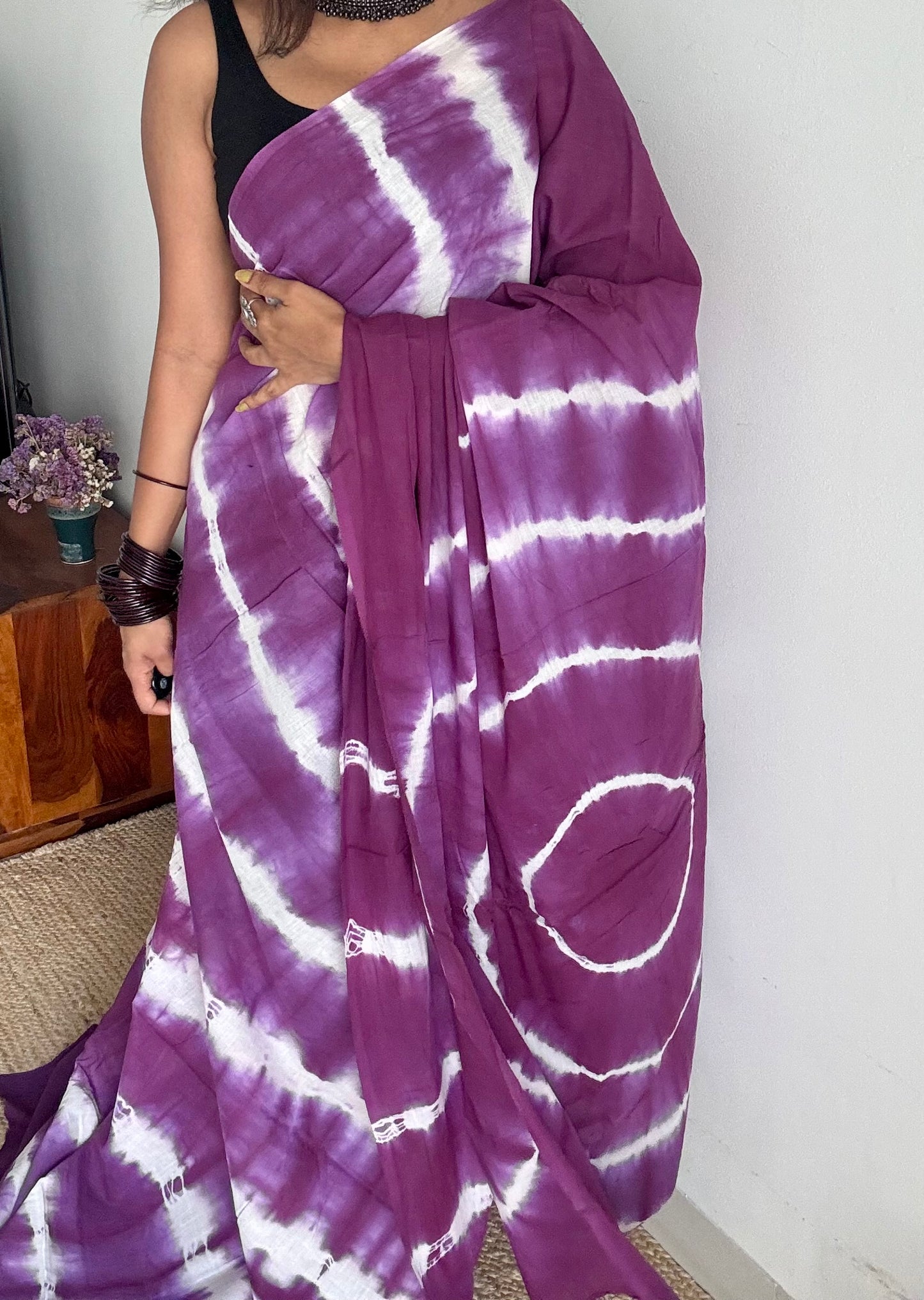 Purple with white tie and dye pattern, soft cotton saree - YCTORCMA04