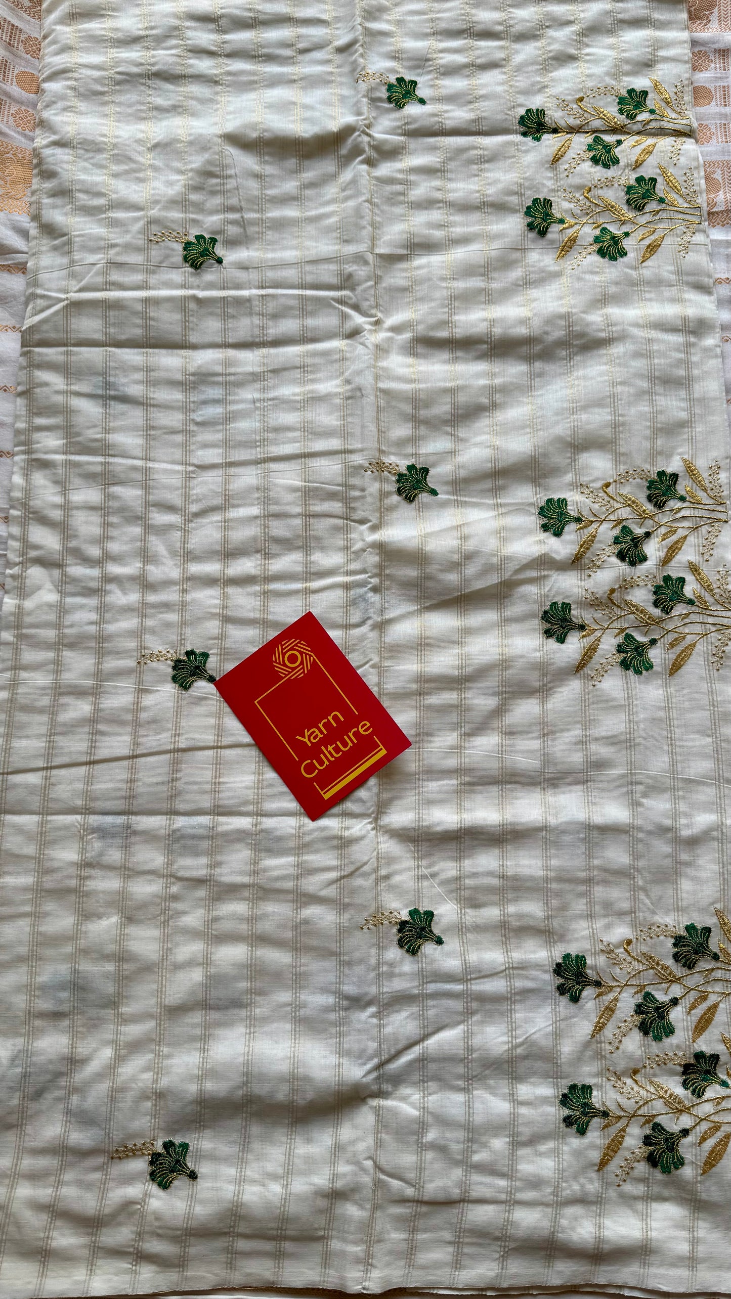 Ivory and gold soft cotton saree, dark green floral embroidery  - YCIEON51