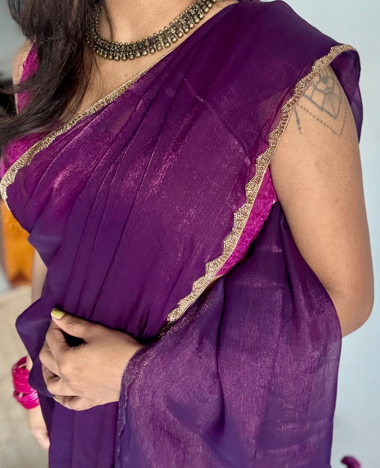 Playful Purple - royal hues, metallic dual tone space silk, embellished border - YCDOSDE62