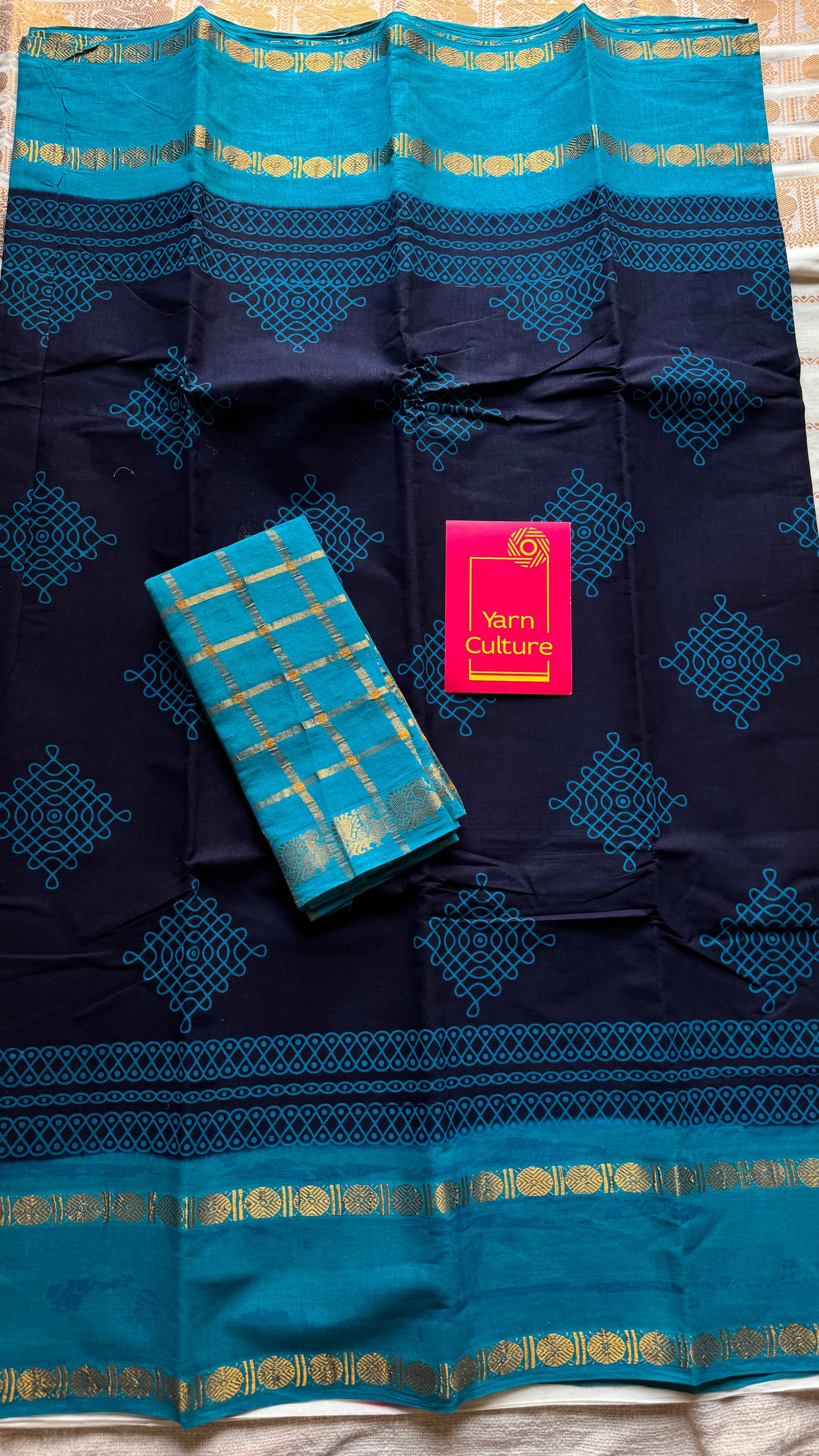 Dark blue with aqua blue, kolam print, rettaipettu gap border, madurai soft cotton - YCCOTNMSAP201