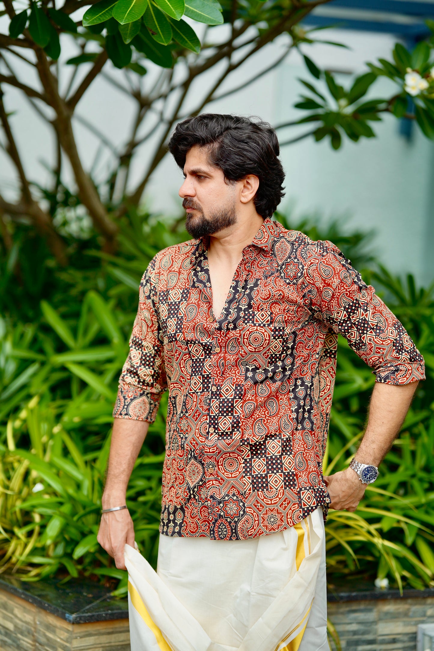 Black Red & White Ajrakh Block Printed Cotton Men's Full Sleeve Collared Shirt -YCMSEIE203