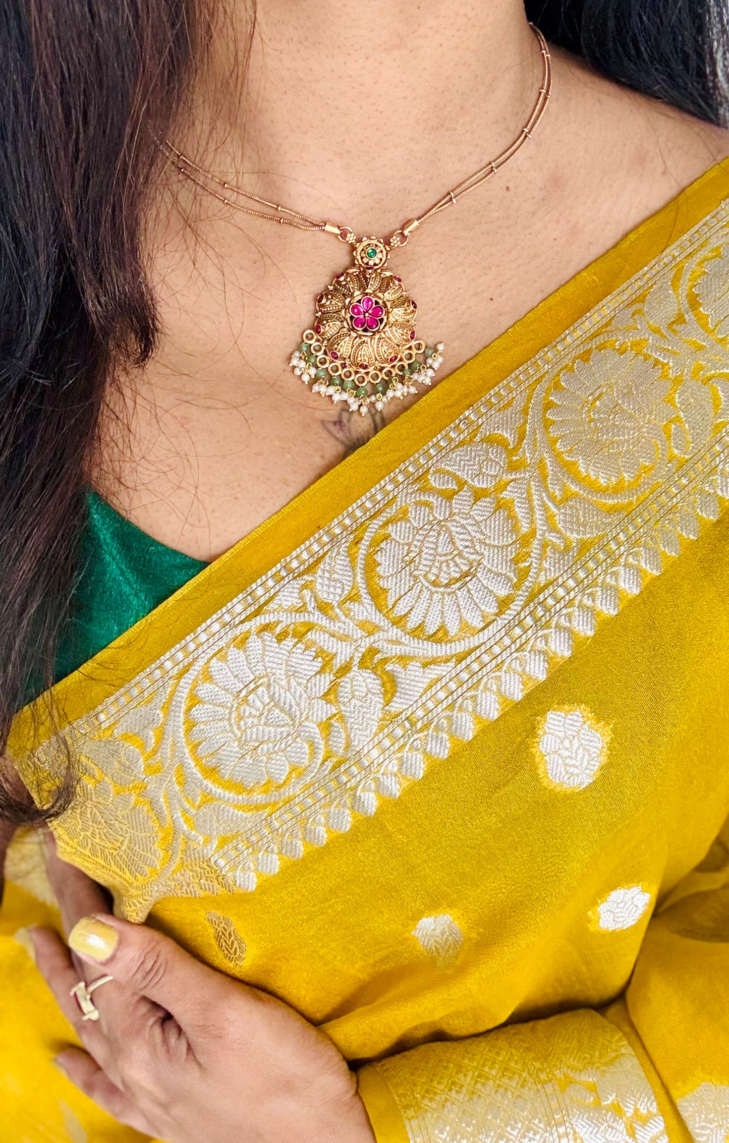 Floral ruby green pendant chain neckpiece with earrings - YCGPNP668