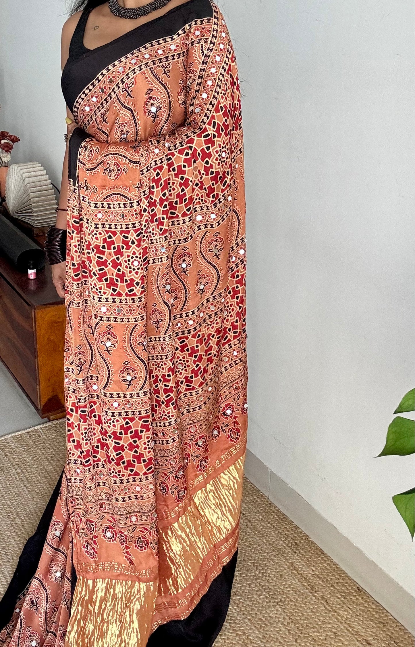 Light clay brown pure modal silk saree with ajrakh handblock print and mirror work, gold zari pallu - YCTOKAJM341