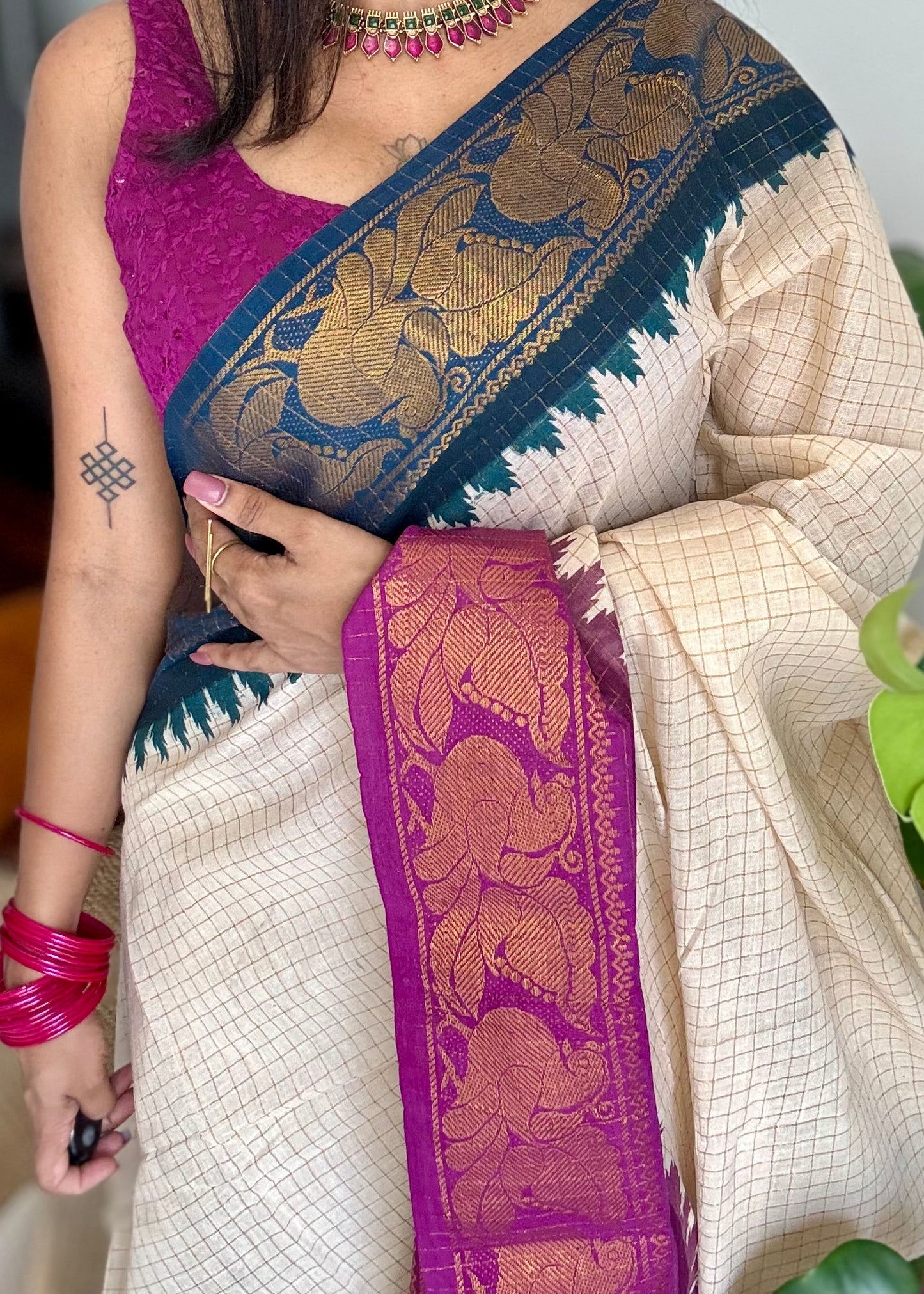 Sungudi cotton checks, ivory gold base, teal and magenta dual tone border, soft cotton - YCIEON101