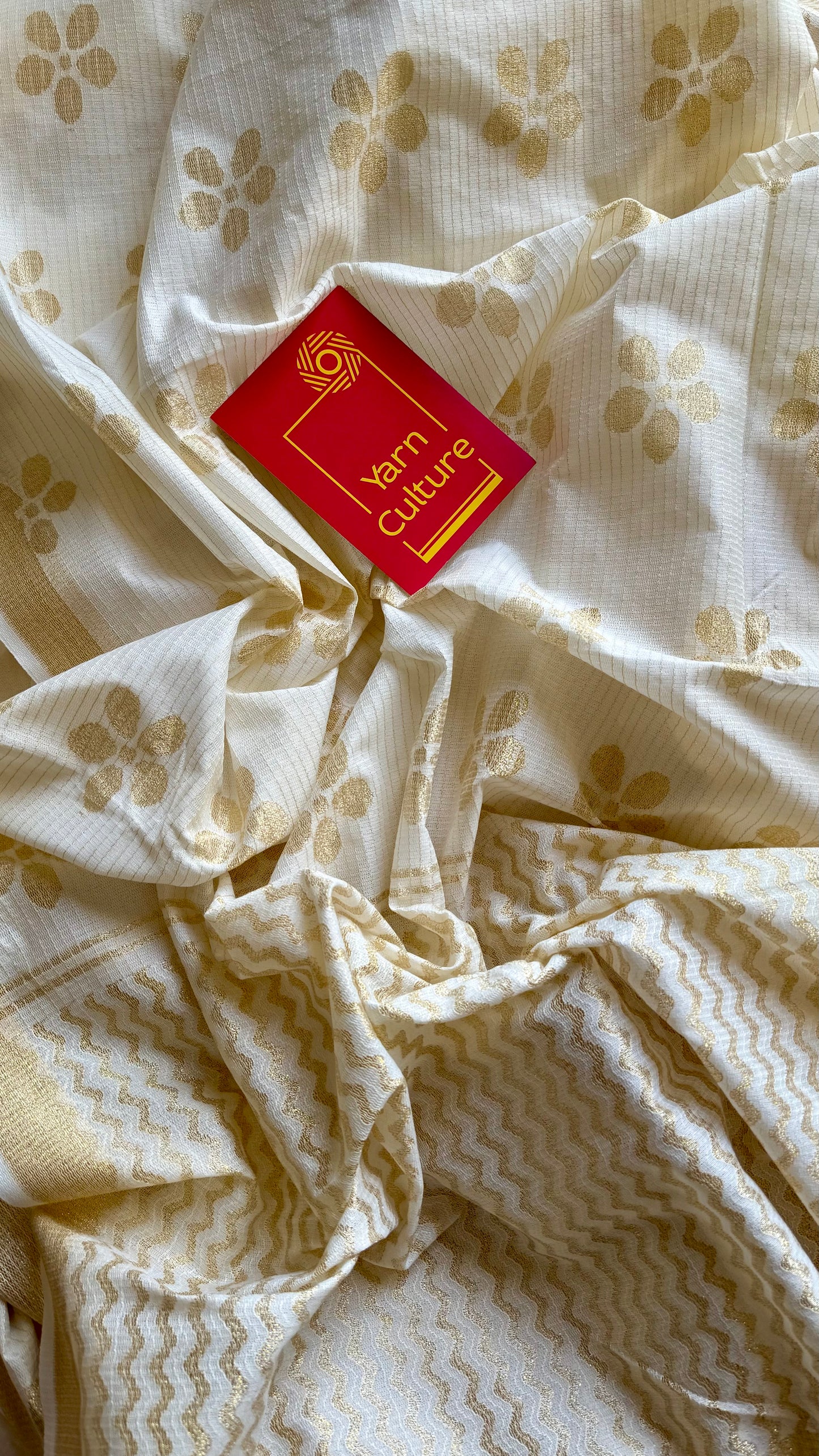 Ivory and gold soft net cotton saree, gold floral prints - YCIEON64