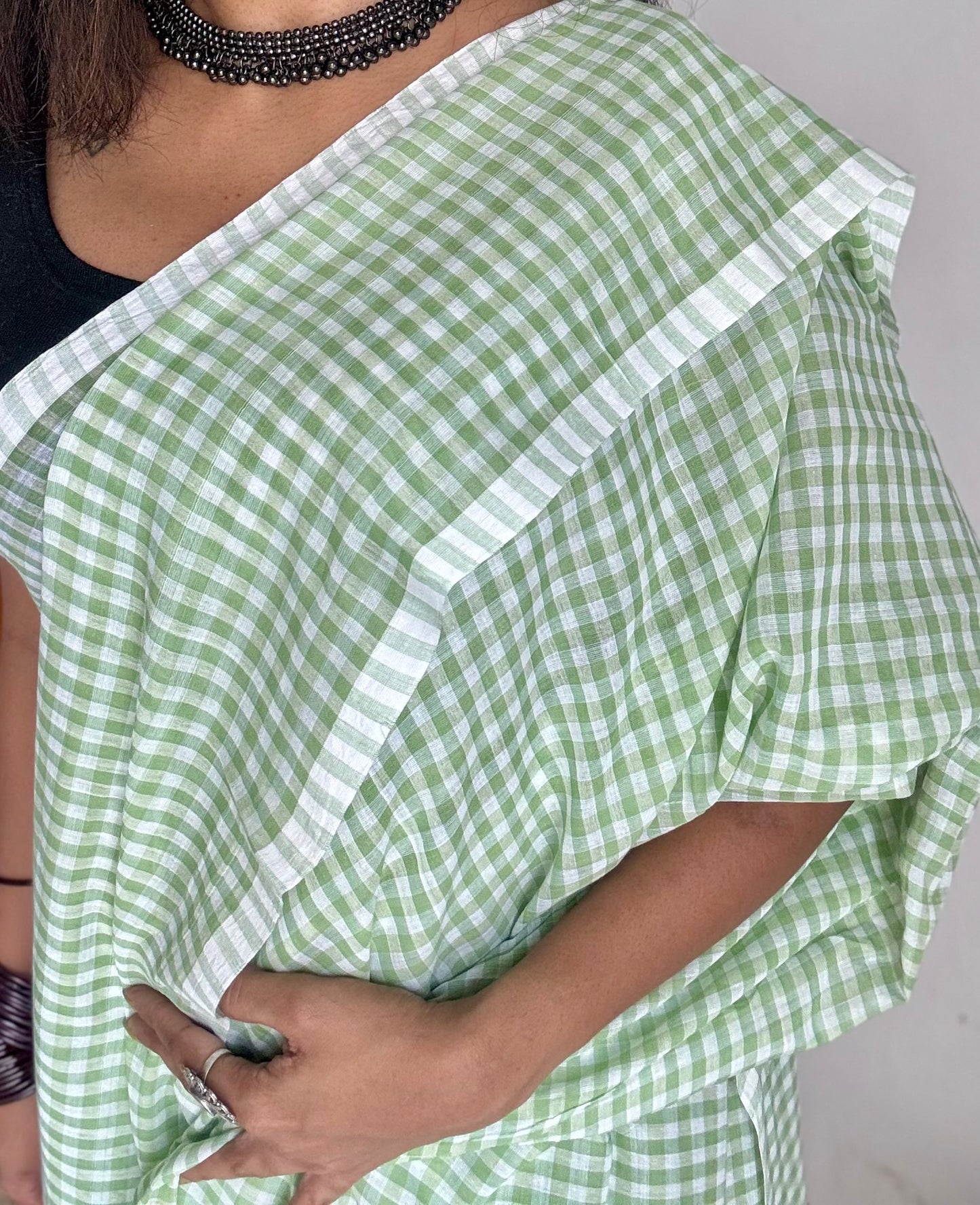 Light green and white checkered mul cotton saree  - YCBCMCCMA27