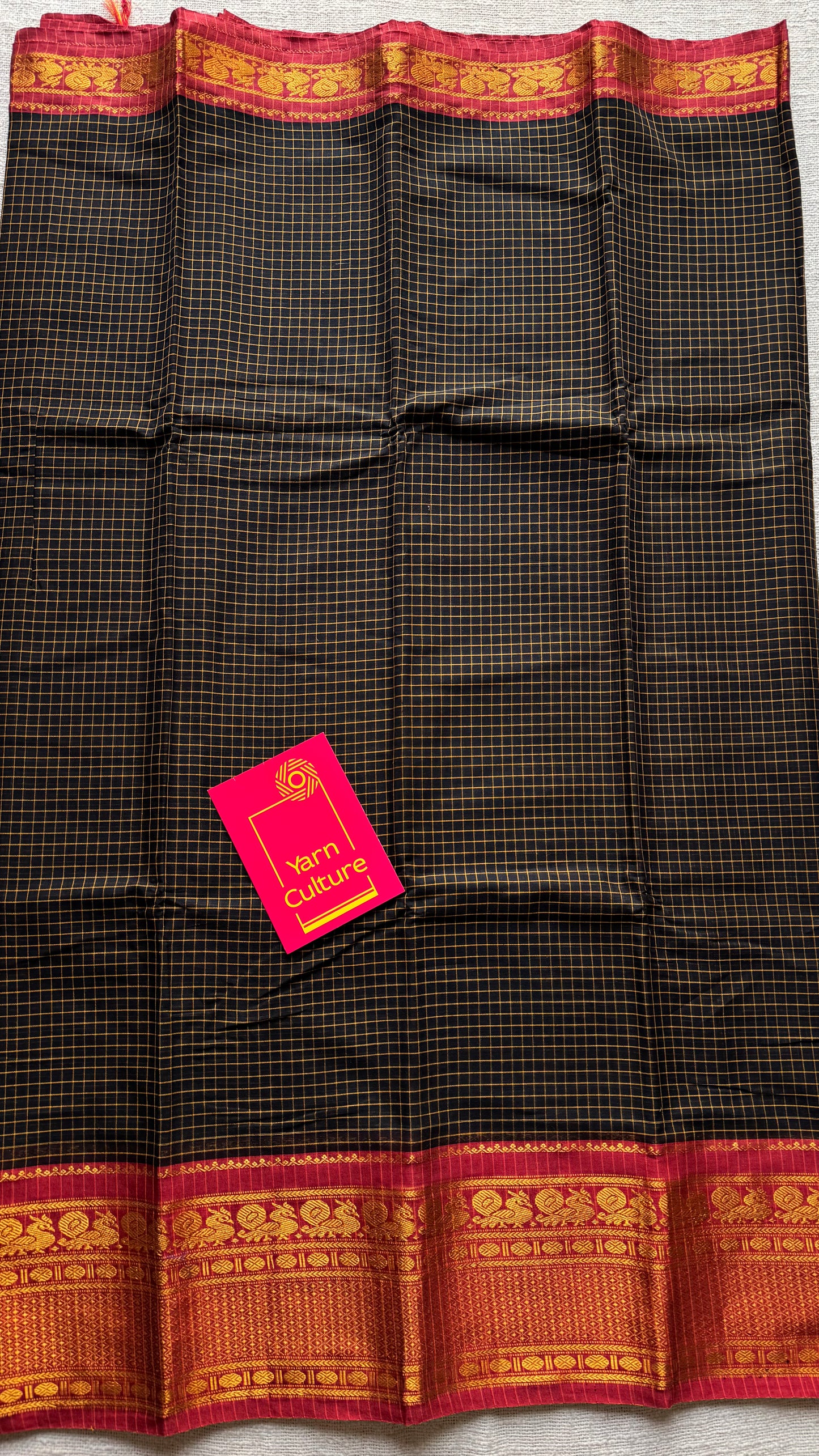 Black checks with red zari border, premium narayanpet, soft cotton - YCWOTDNPCFE20