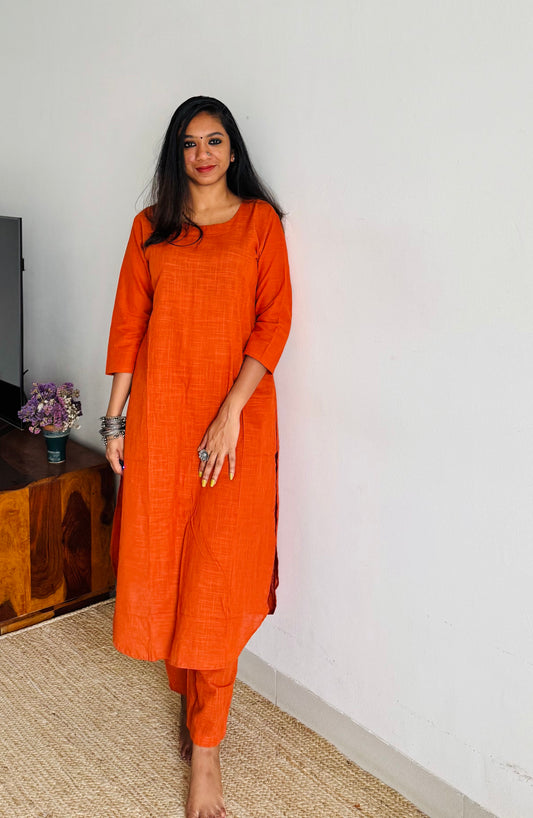 Rust orange cotton round-neck stitched kurta co-ord set, three-fourth sleeves - YCSEBPSFE252