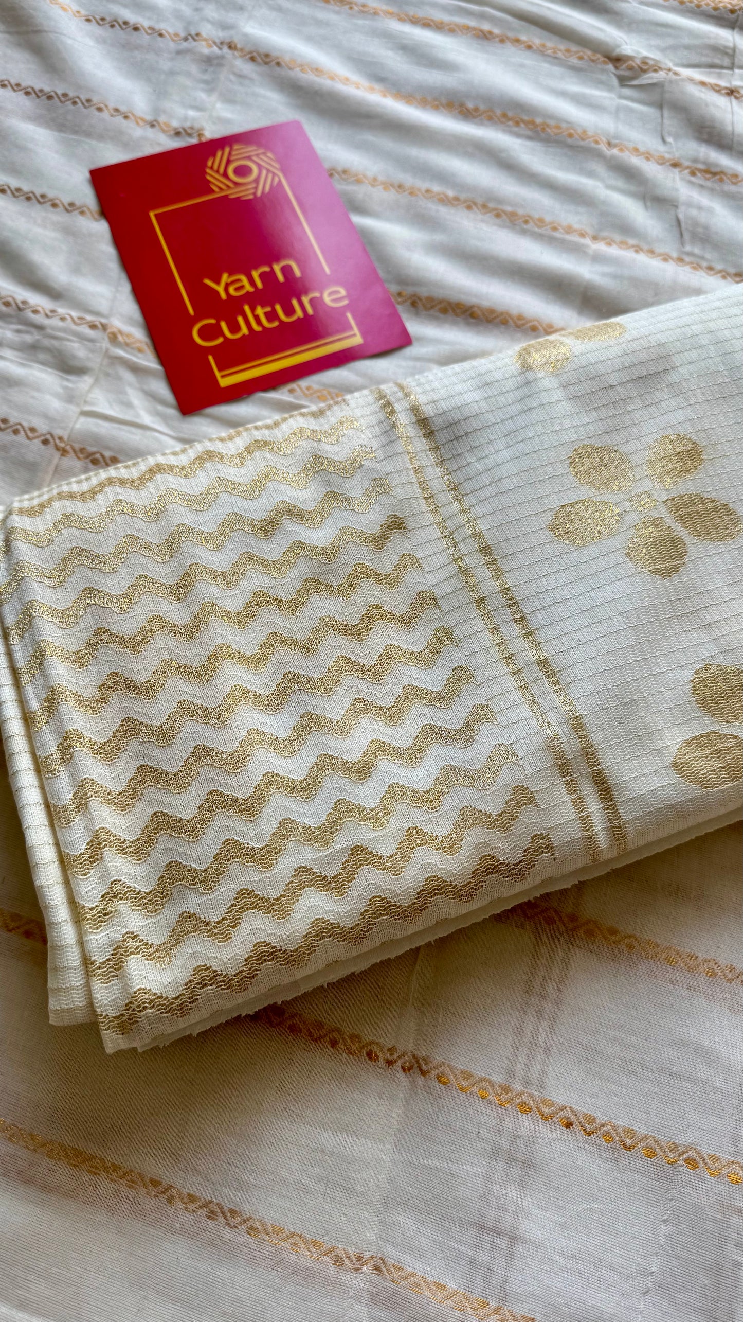 Ivory and gold soft net cotton saree, gold floral prints - YCIEON64