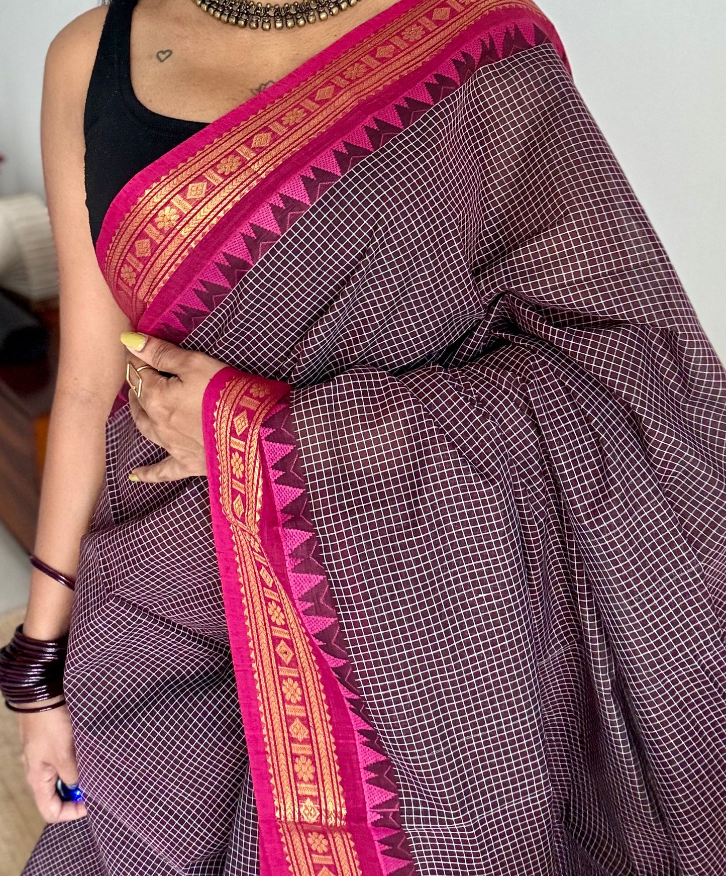 Dark brown with pink contrast, checkered kanchi cotton saree - YCCOTNJU18