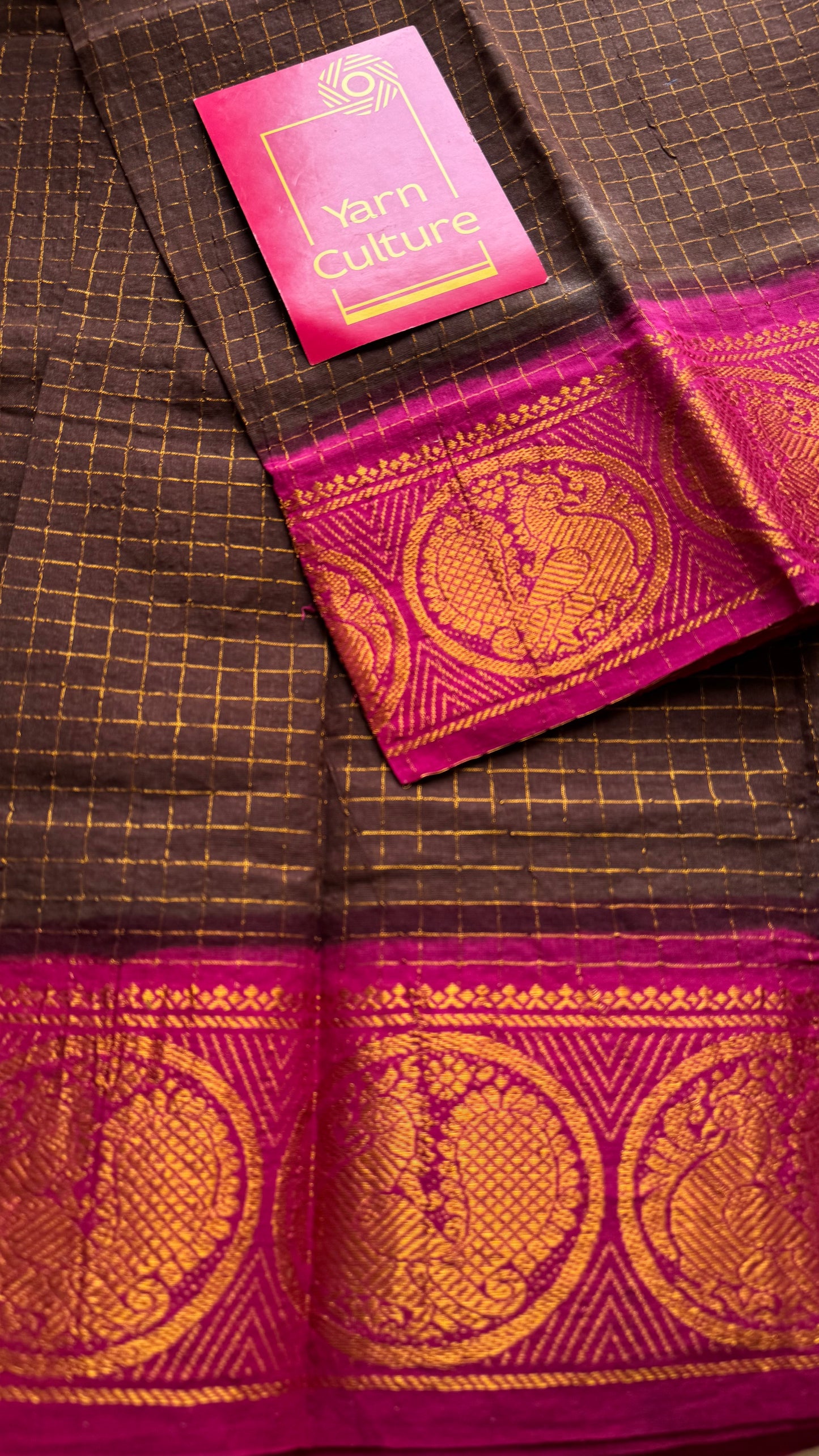 Brown with hot pink contrast zari checkered sungudi, kattuchayam dyed madurai cotton - YCCOTNMSAP170