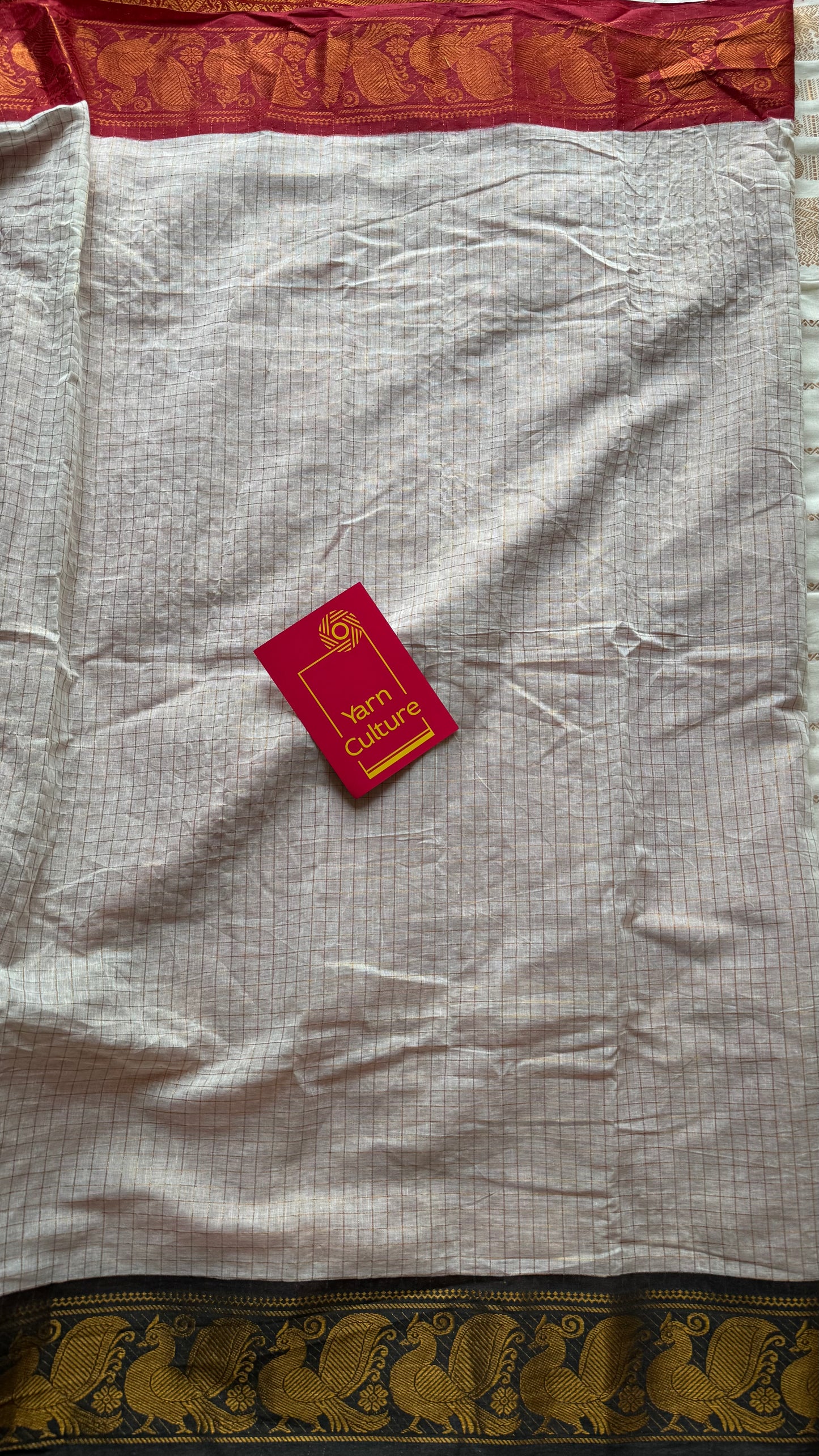 Ivory and red border with chilli red, sungudi cotton half-half saree - YCCOTNIDMA295