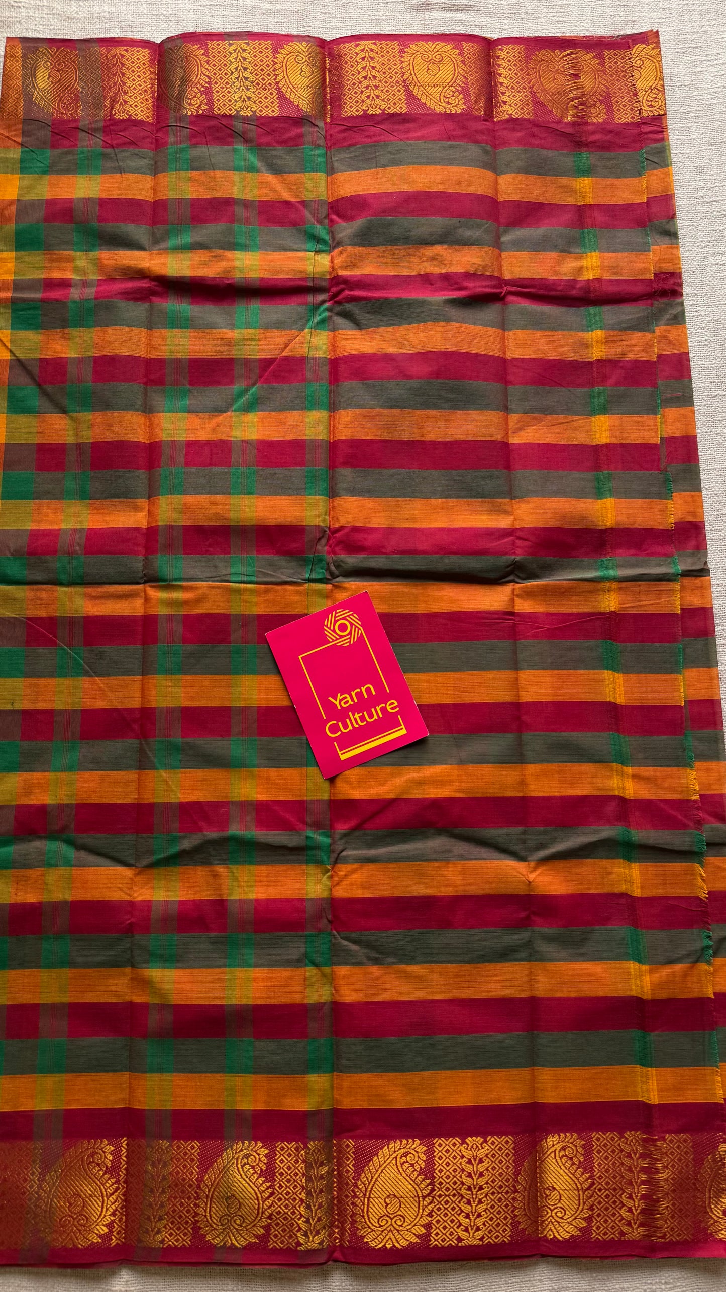 Multicolour Chettinad cotton saree with paalum pazhamum checks (green, yellow, orange, maroon) - YCCOTNCCFE340