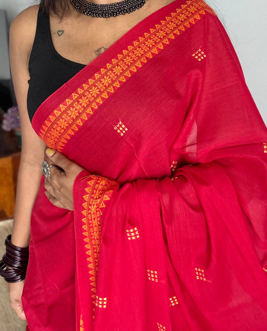 Dhonekhali handloom soft cotton saree, red with yellow woven buttas and border - YCBCDFE269