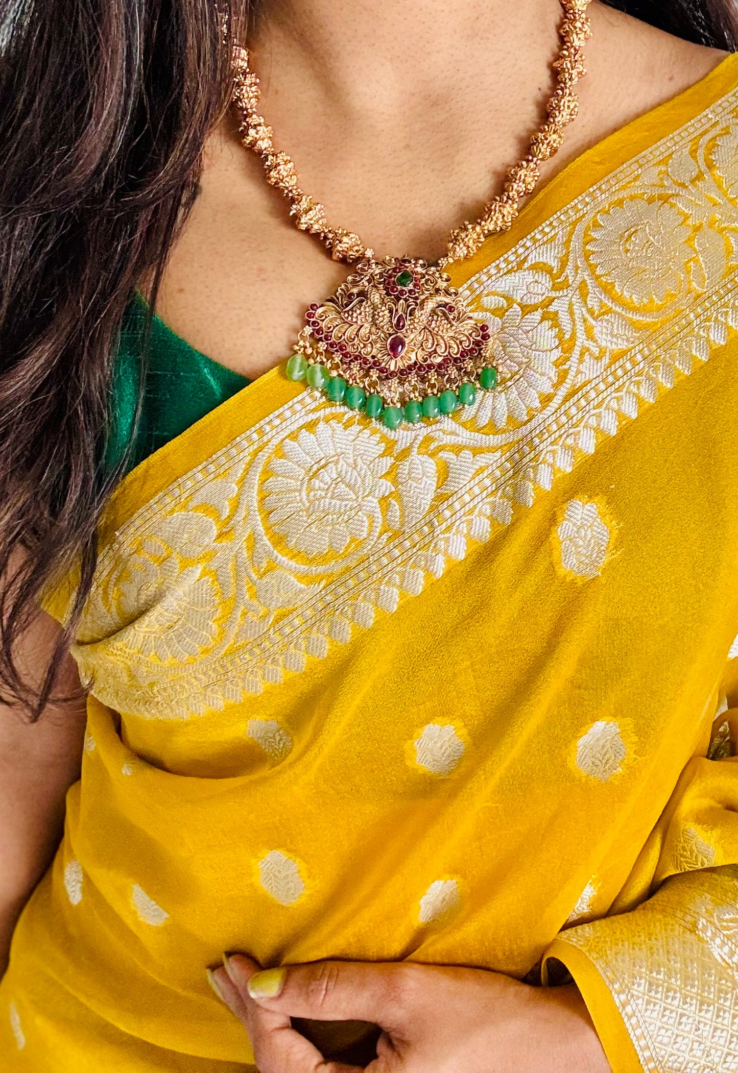 Ruby green peacock pendant neckpiece, with earrings - YCGPNP630