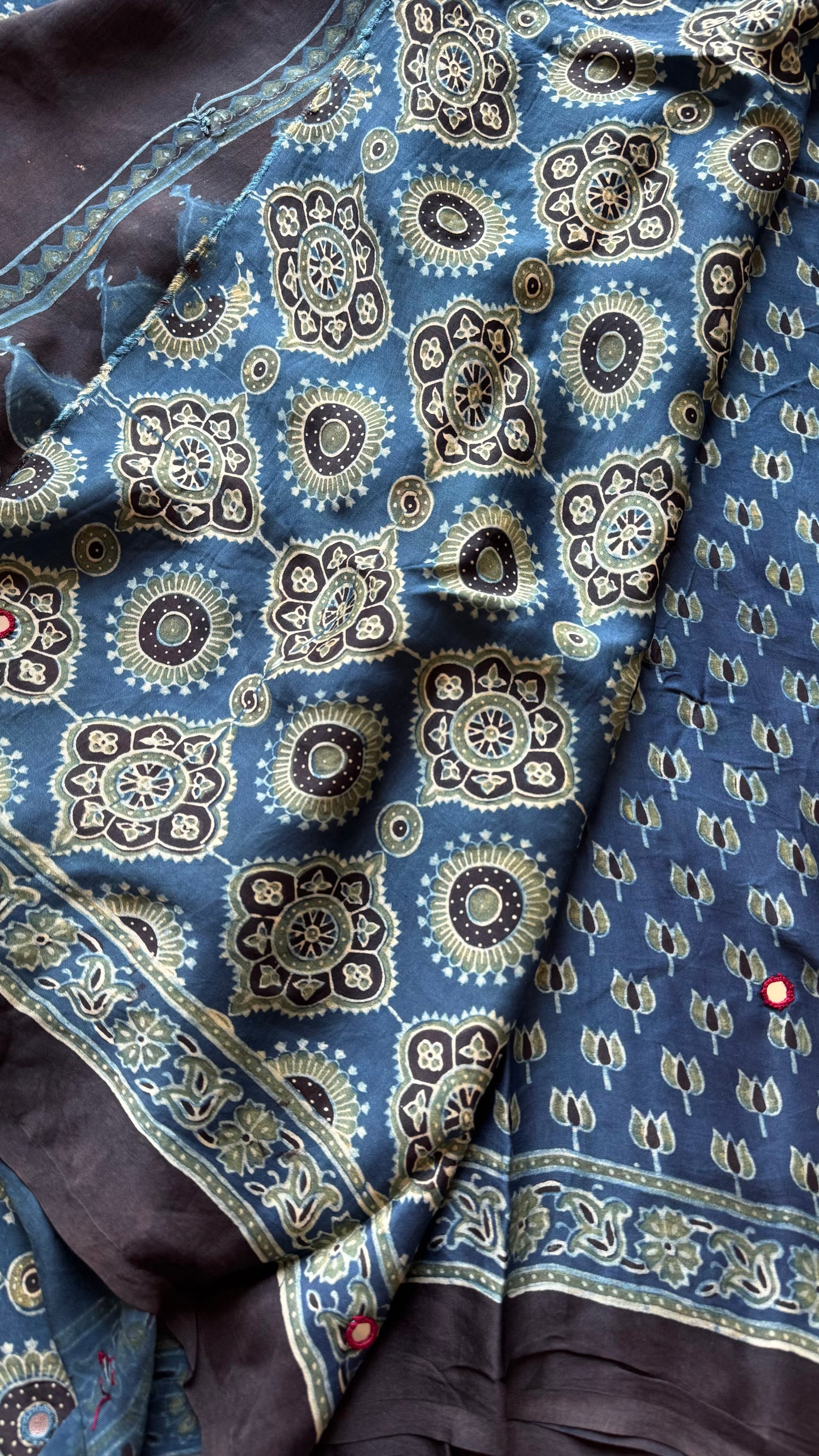 Indigo pure modal silk saree with ajrakh handblock print and mirror work - YCTOKAJM339