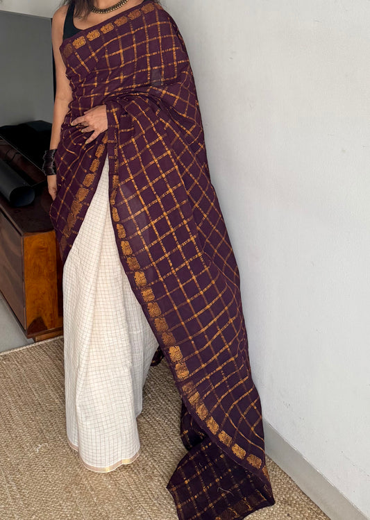 Brown with ivory, sungudi cotton half-half saree - YCCOTNMSFE370