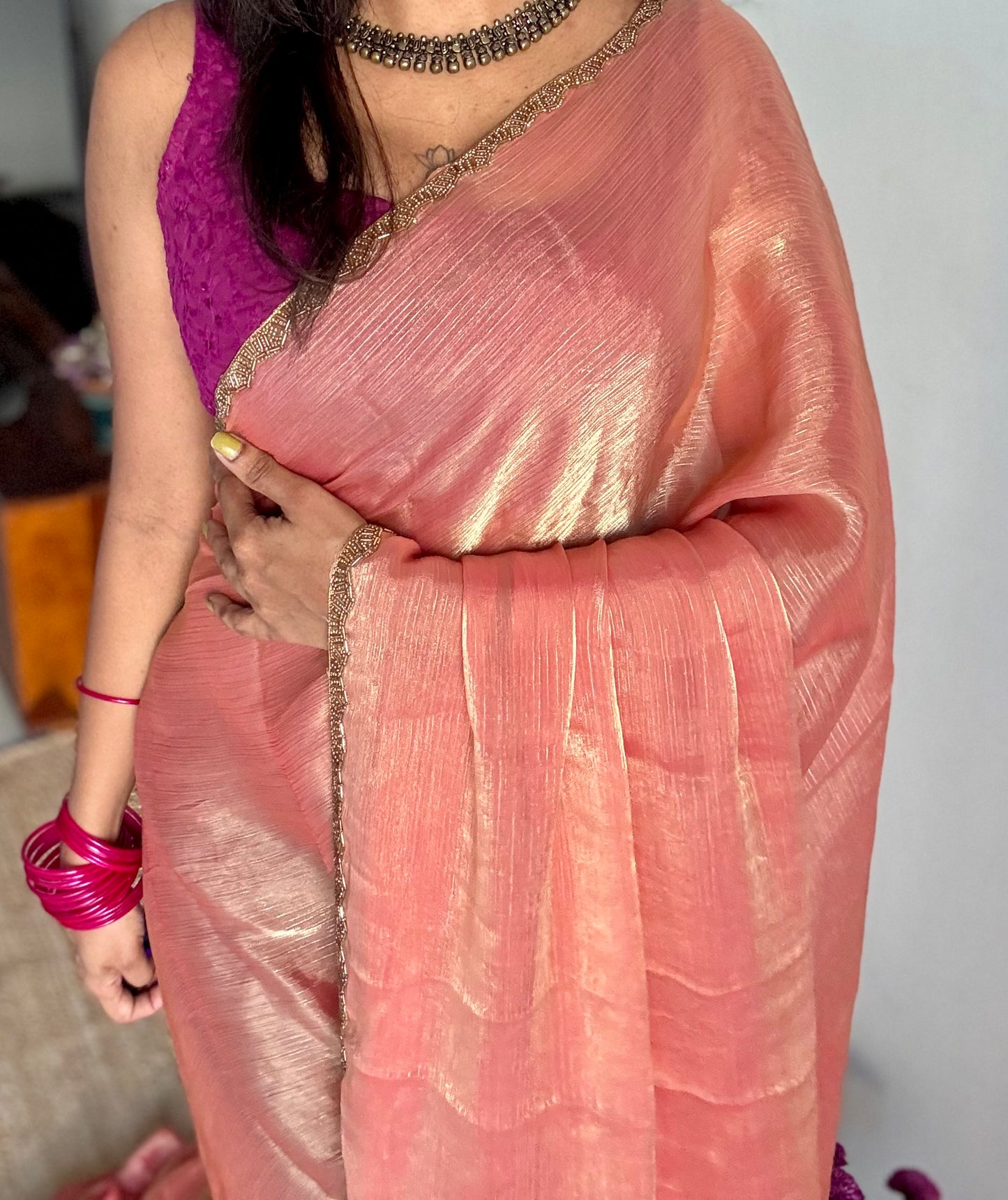 Peach Affair - peach pink hues, metallic dual tone space silk, embellished border - YCDOSDE60