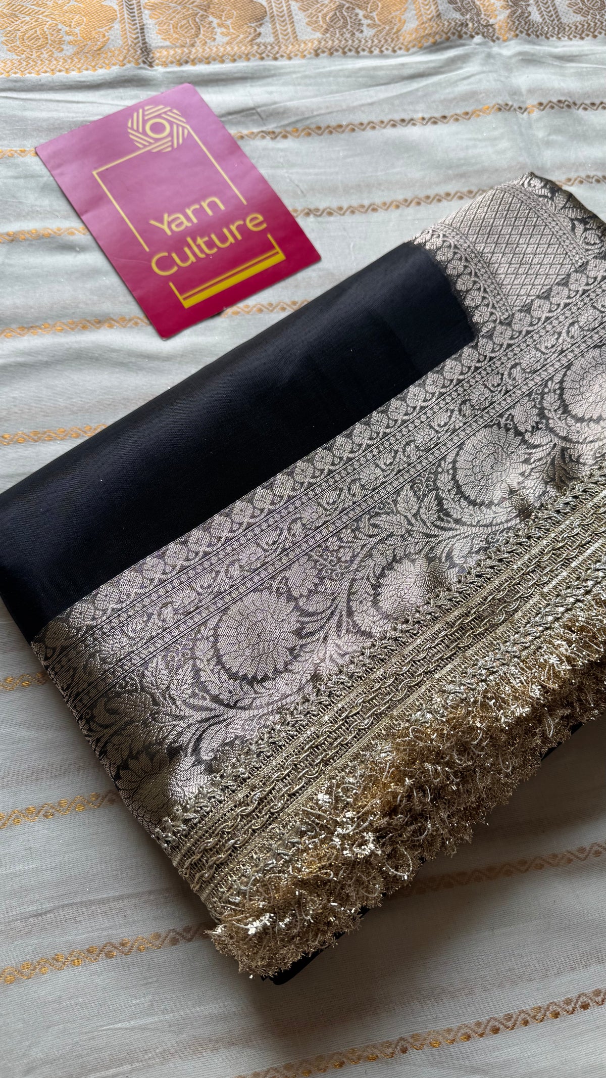 Black tissue Banarasi saree with embellished gold lace border - YCBLTOC81