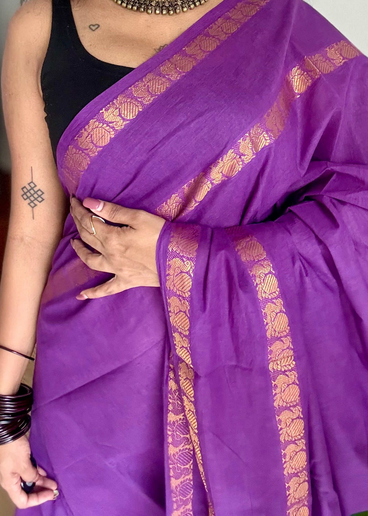 Purple rettaipettu peacock gap border, kattuchayam dyed madurai cotton saree  - YCCOTNMSJUL03