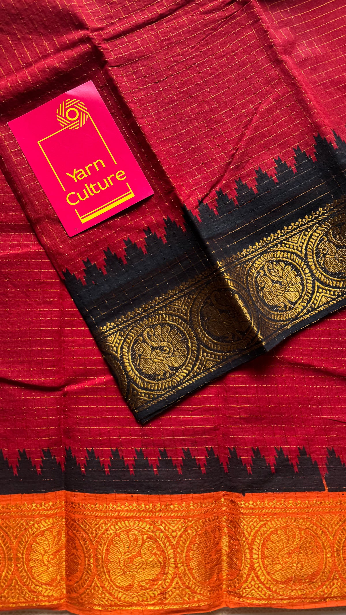 Sungudi cotton checks, red base, orange and black dual tone border, soft cotton - YCCOTNMSSE12