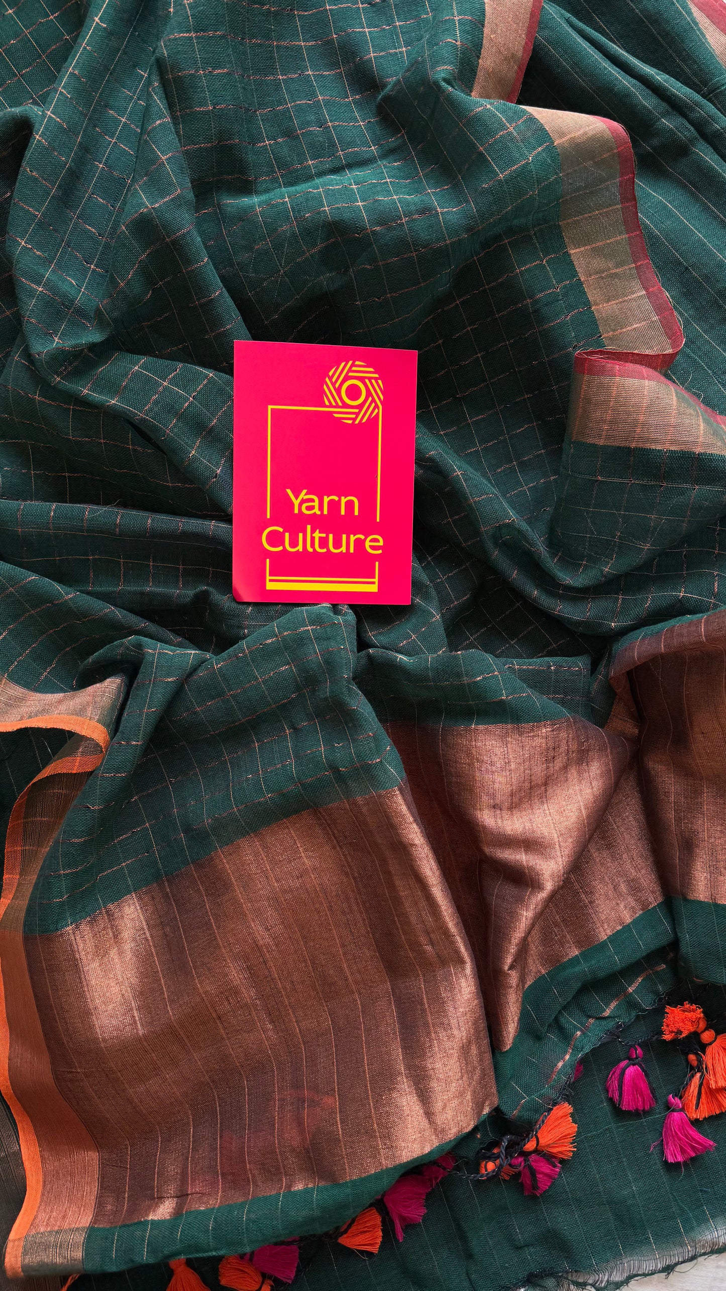 Green linen by cotton saree, gold checks & copper zari pallu - YCBCLCAP56b