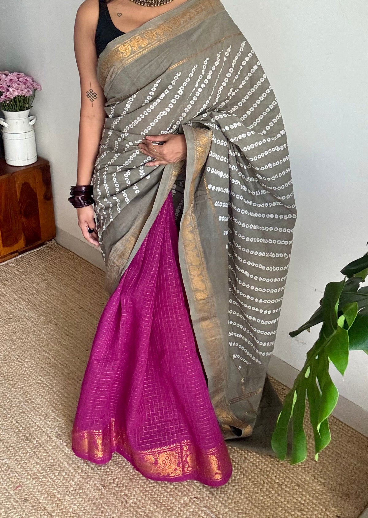 Grey with purple pink (vadamalli), cotton half and half saree - YCCOTNIDOC144