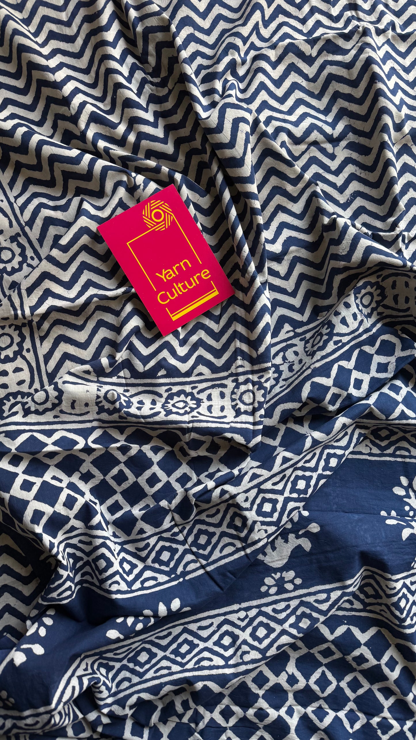 Beige with indigo zig zag motifs, block printed soft cotton saree - YCTORCMA22
