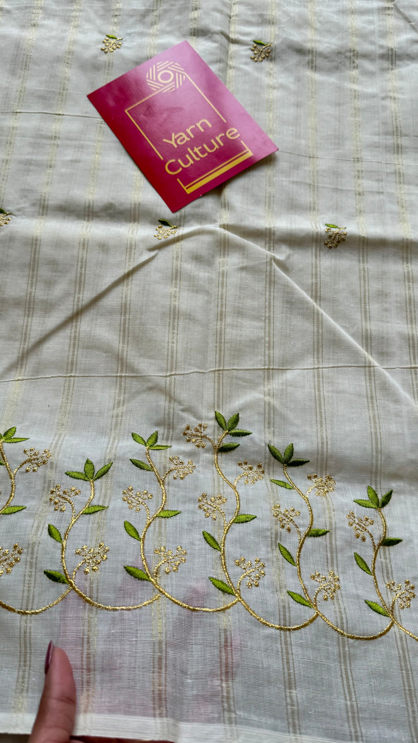 Ivory and gold soft cotton saree, light green floral vine embroidery - YCIEON59