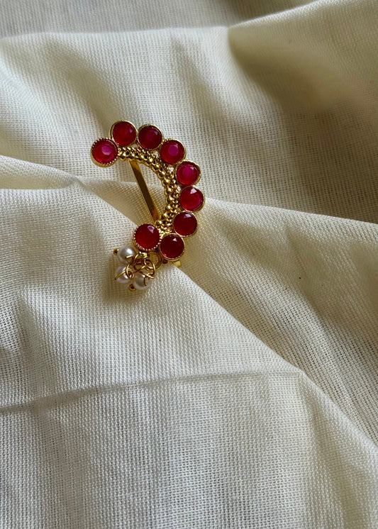 Gold plated, ruby coloured stone, clip on Maharashtrian nath - YCGPNC200