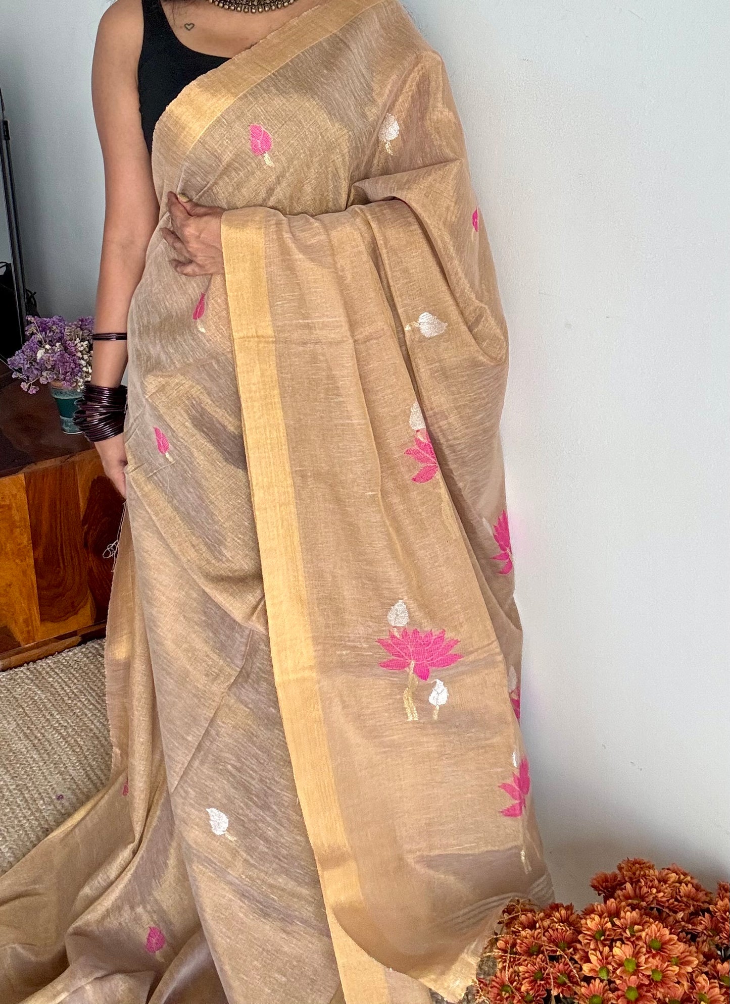 Handwoven ivory gold dual tone tissue linen saree with lotus motifs - YCBCLTFE400